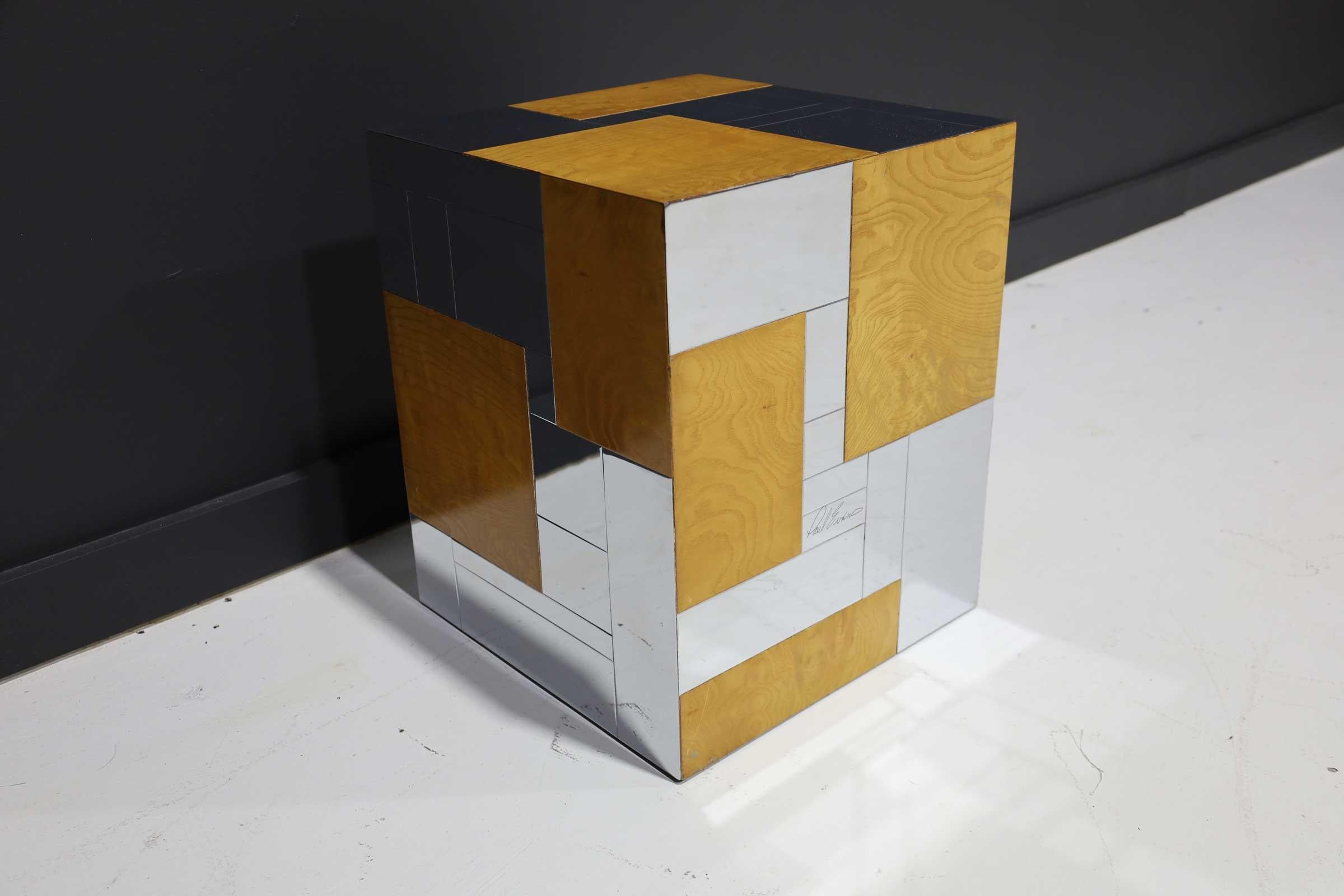 North American Paul Evans Signed Side Table in Burl Wood and Chrome