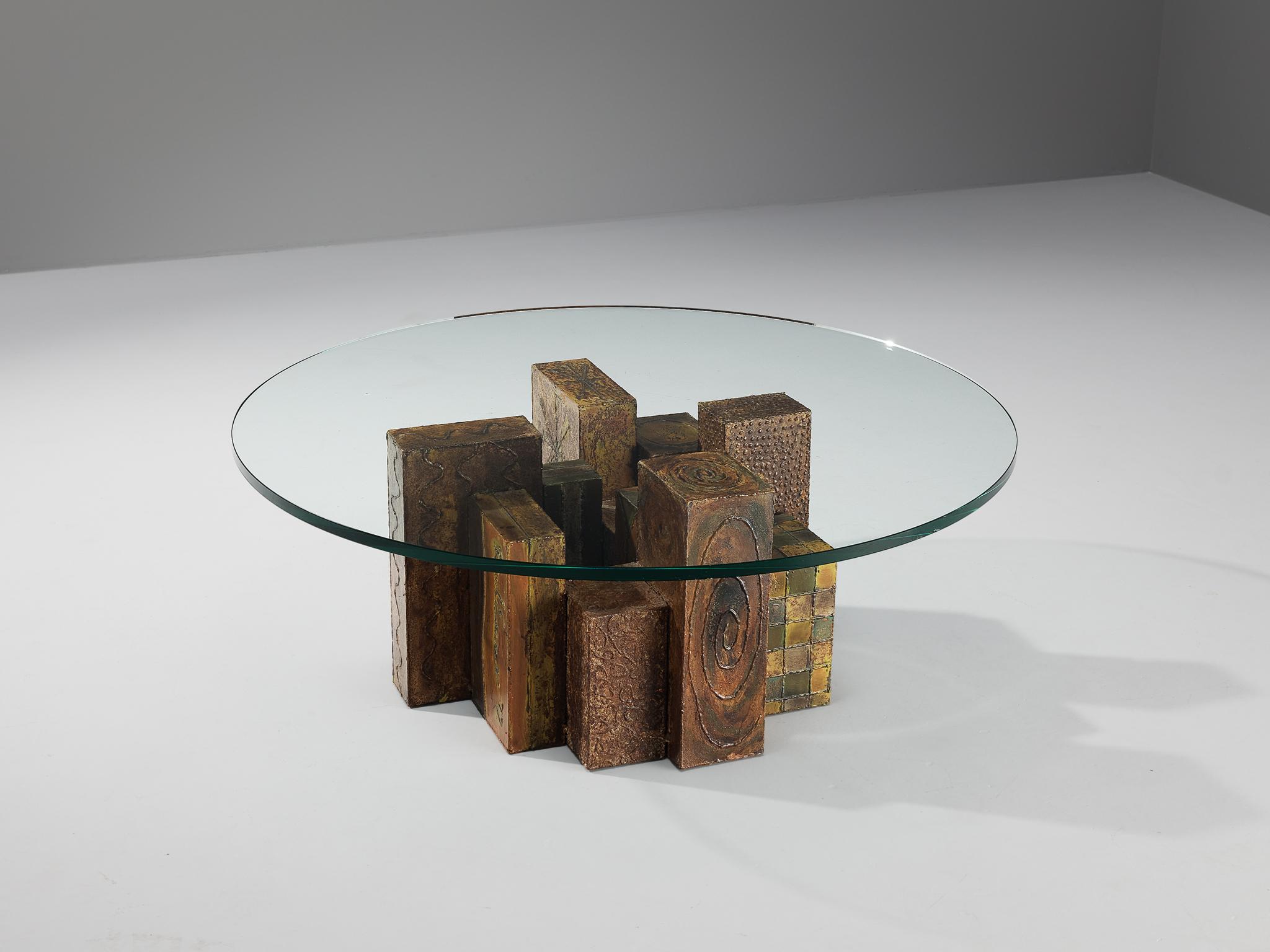 Paul Evans, 'skyline' coffee table, welded and patinated steel, colored pigments, glass, United States, 1972.

Designed by Paul Evans, this unique coffee table is certainly a work of art in its own right. This piece exemplifies Evans’s idiosyncratic