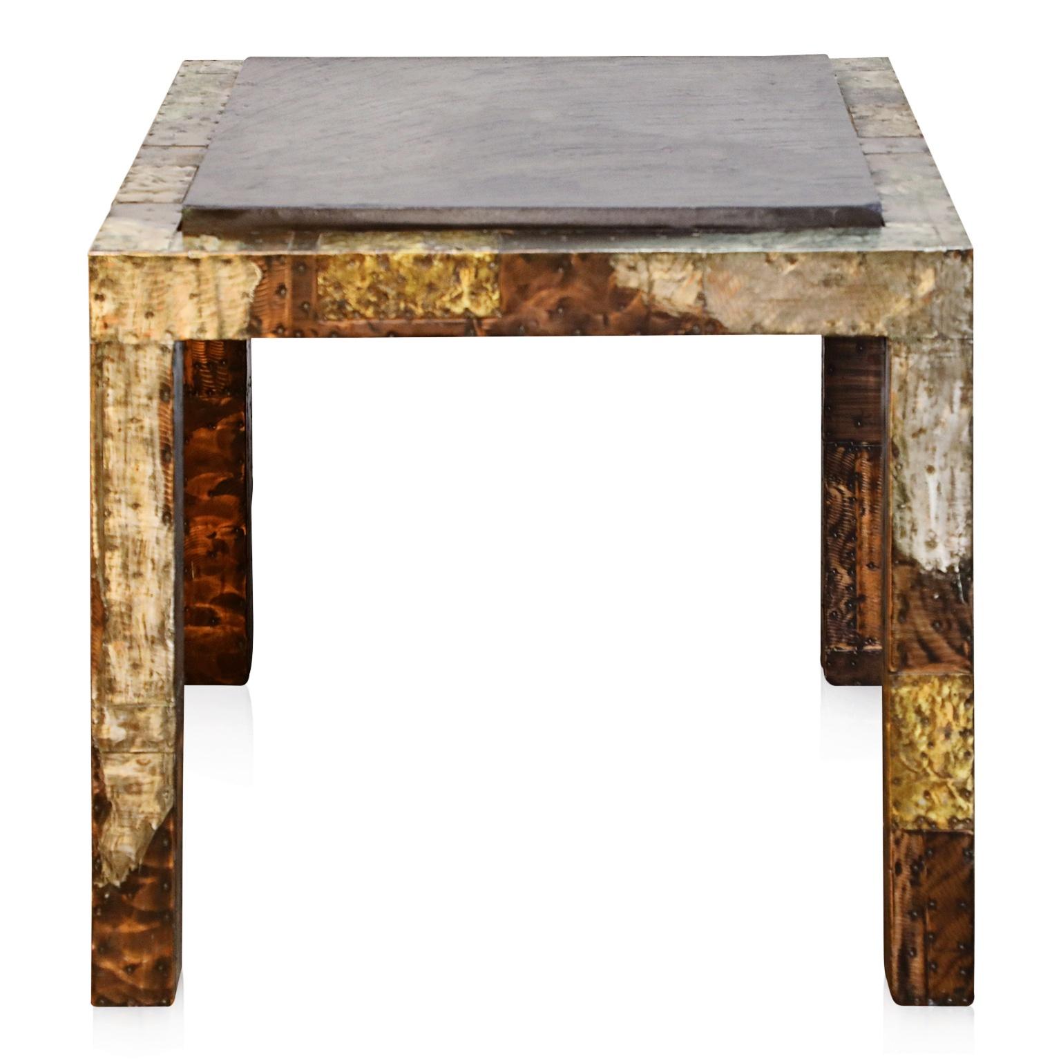 American Paul Evans Slate Top Patinated Copper Patchwork Cafe Breakfast Table, 1970s