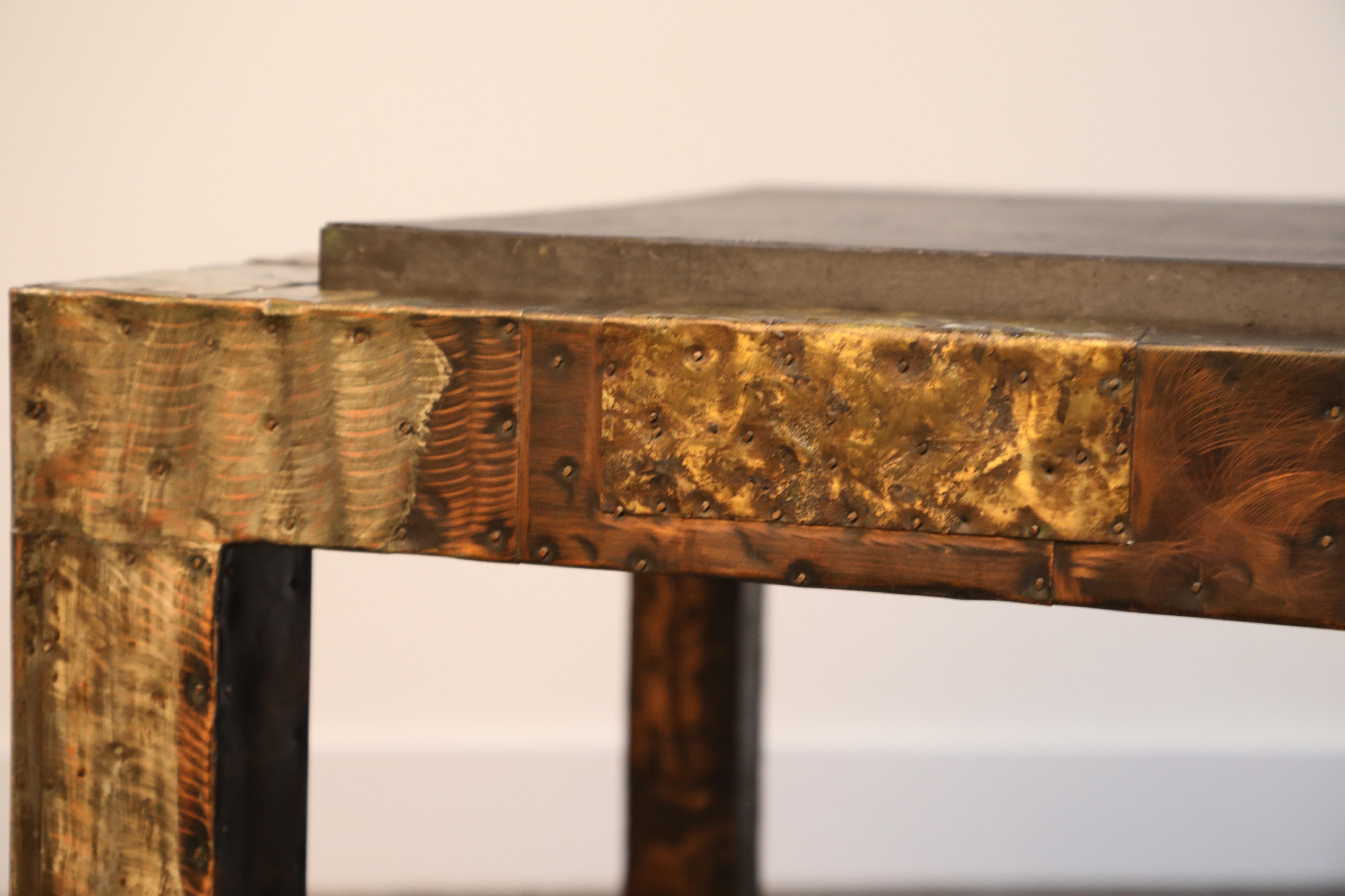 Paul Evans Slate Top Patinated Copper Patchwork Cafe Breakfast Table, 1970s In Good Condition In Los Angeles, CA