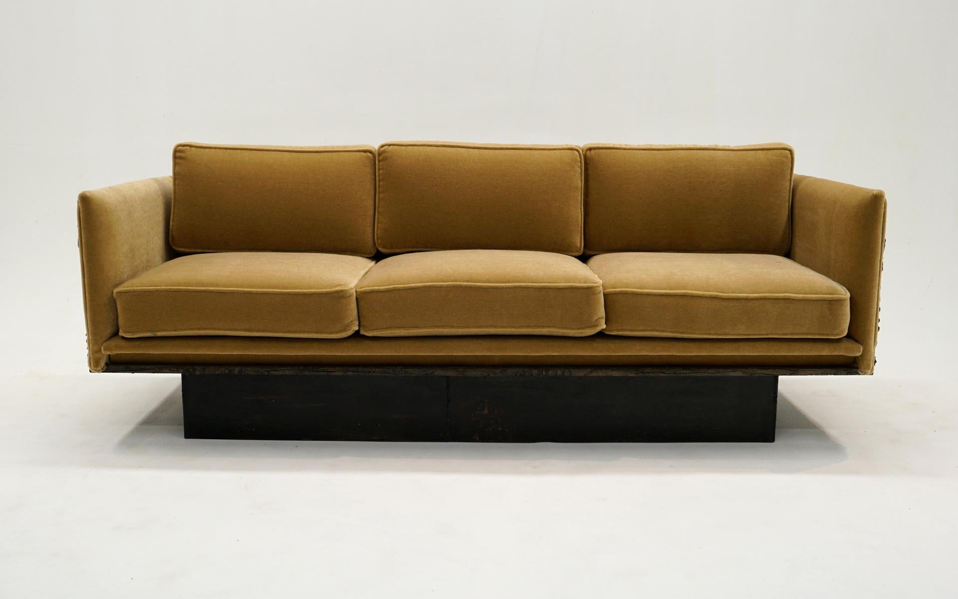 Fine and rare sofa by Paul Evans.  Bronzed resin case with bronze base.  Expertly reupholstered in a gold velvet fabric.  This sofa is in top condition and ready to place.