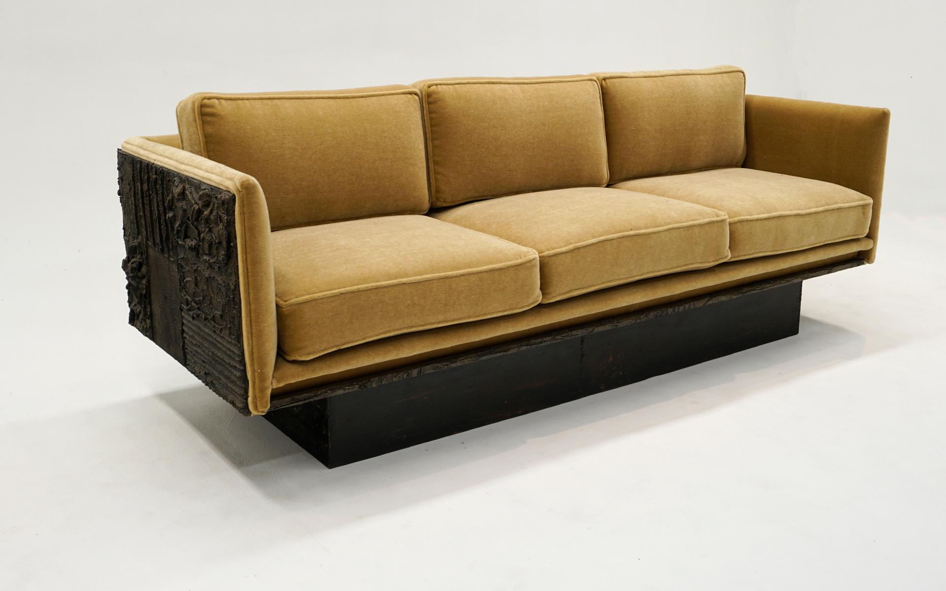 American Paul Evans Sofa.  Bronzed Resin Case, Bronze Base. New Gold Upholstery For Sale