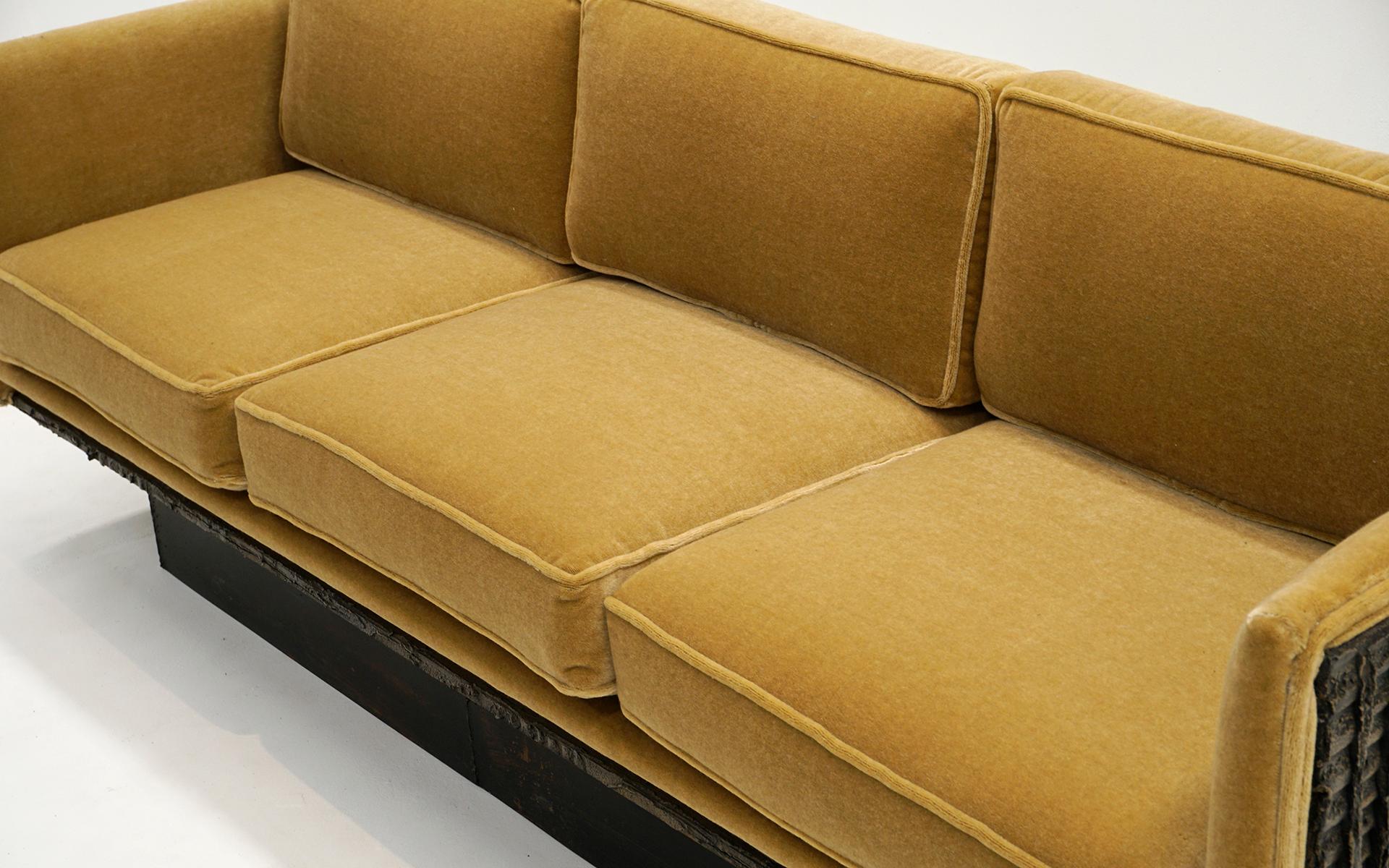 Late 20th Century Paul Evans Sofa.  Bronzed Resin Case, Bronze Base. New Gold Upholstery For Sale