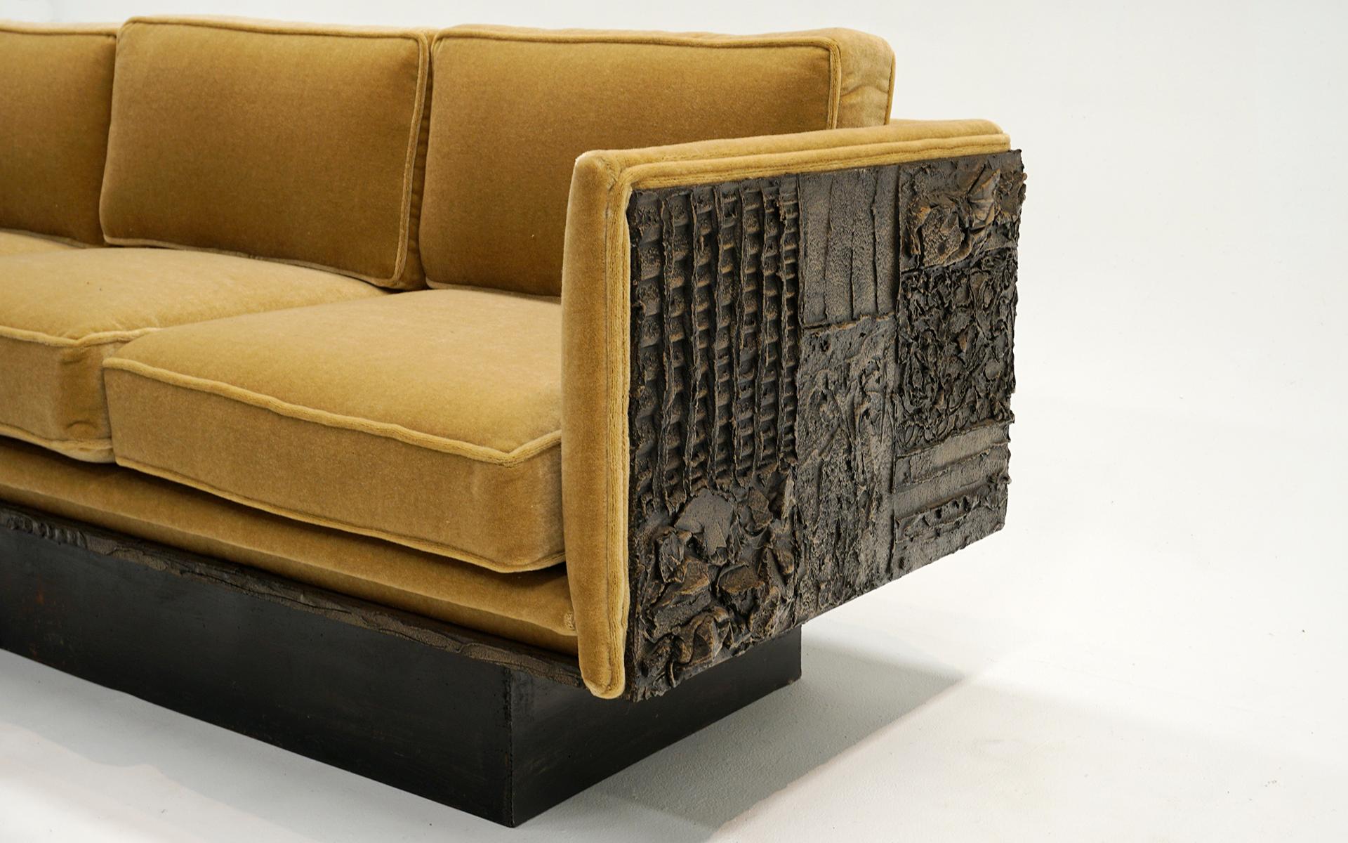 Paul Evans Sofa.  Bronzed Resin Case, Bronze Base. New Gold Upholstery For Sale 1