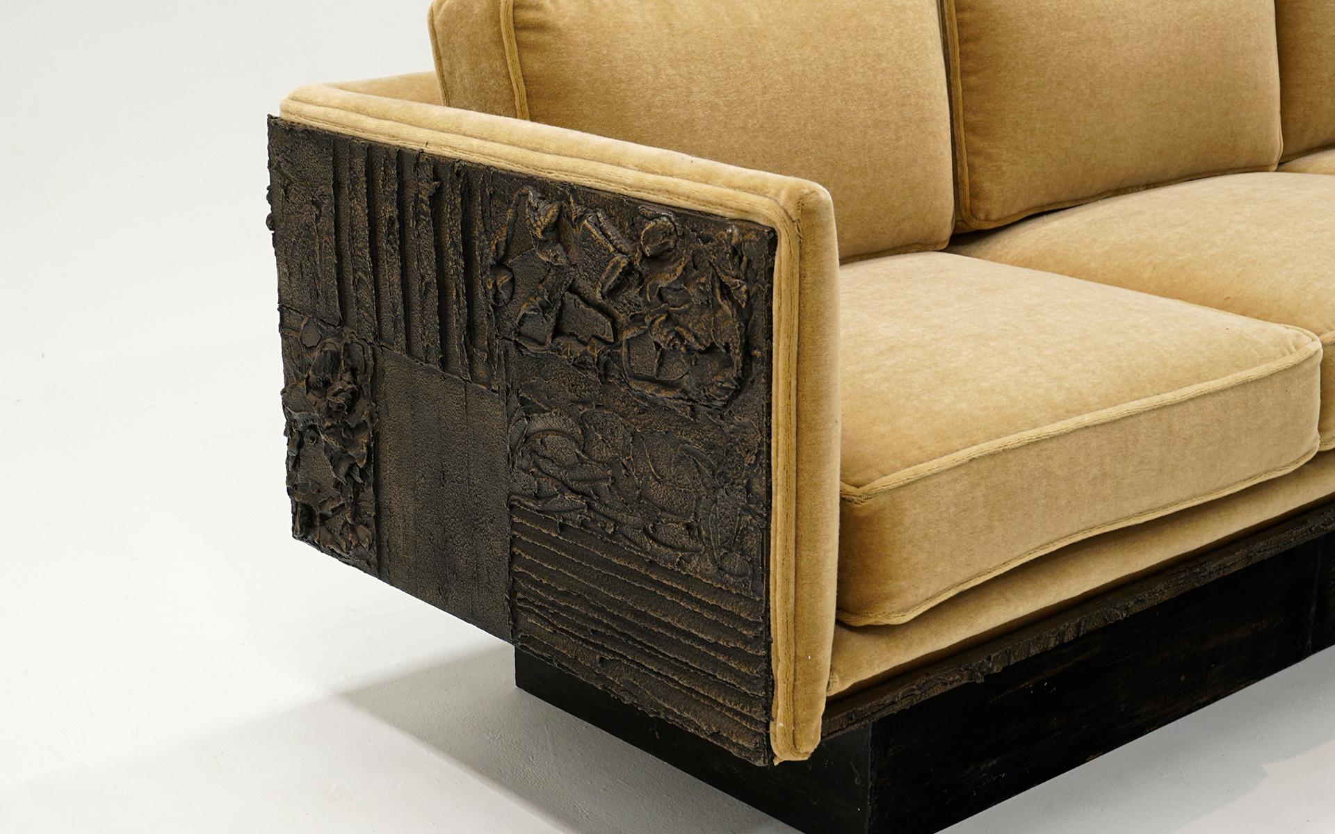 Paul Evans Sofa.  Bronzed Resin Case, Bronze Base. New Gold Upholstery For Sale 2