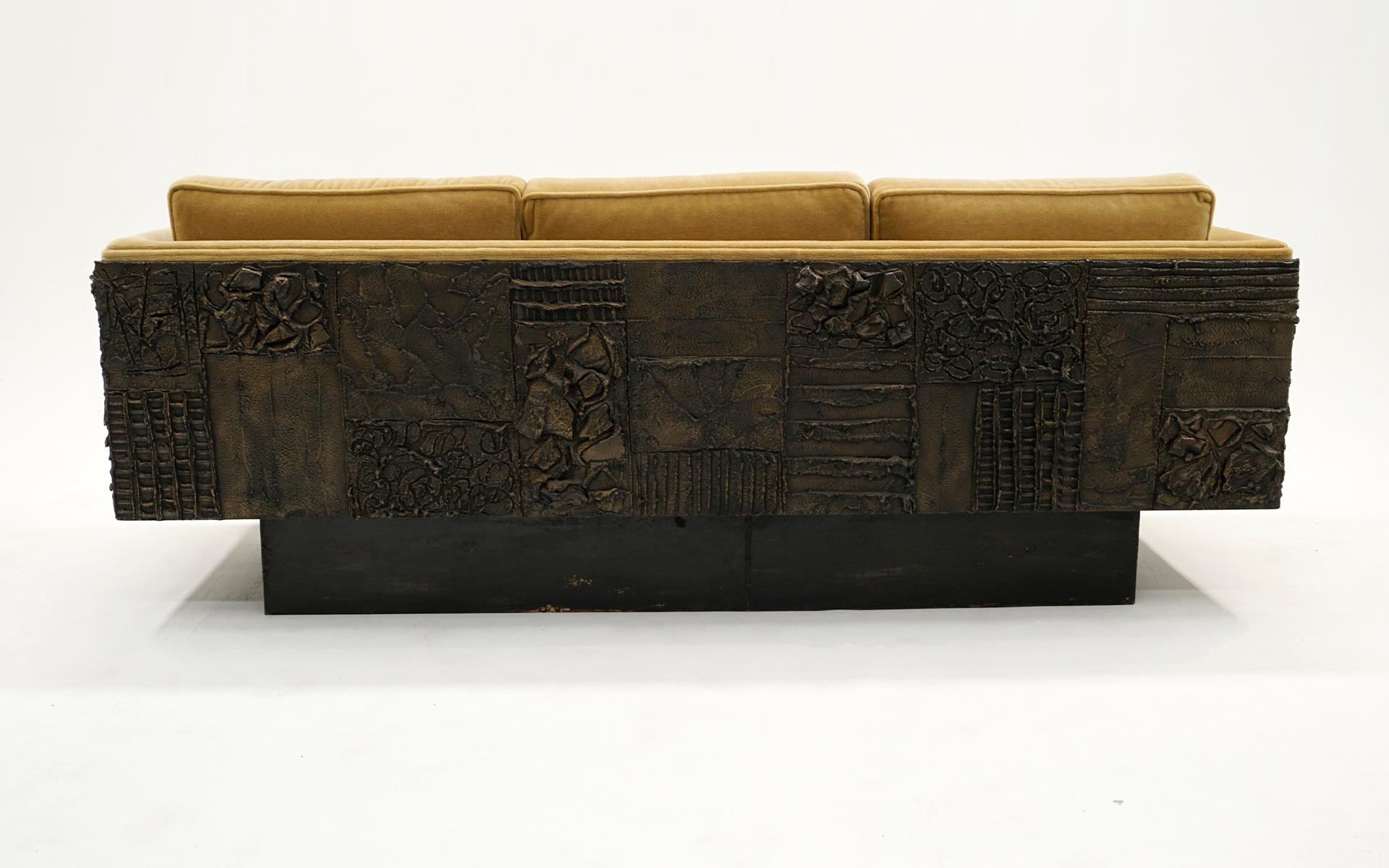 Paul Evans Sofa.  Bronzed Resin Case, Bronze Base. New Gold Upholstery For Sale 3