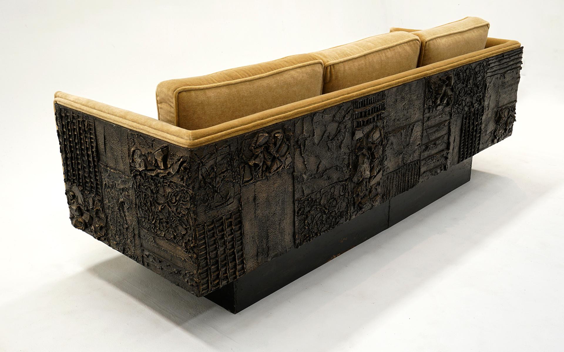Paul Evans Sofa.  Bronzed Resin Case, Bronze Base. New Gold Upholstery For Sale 4