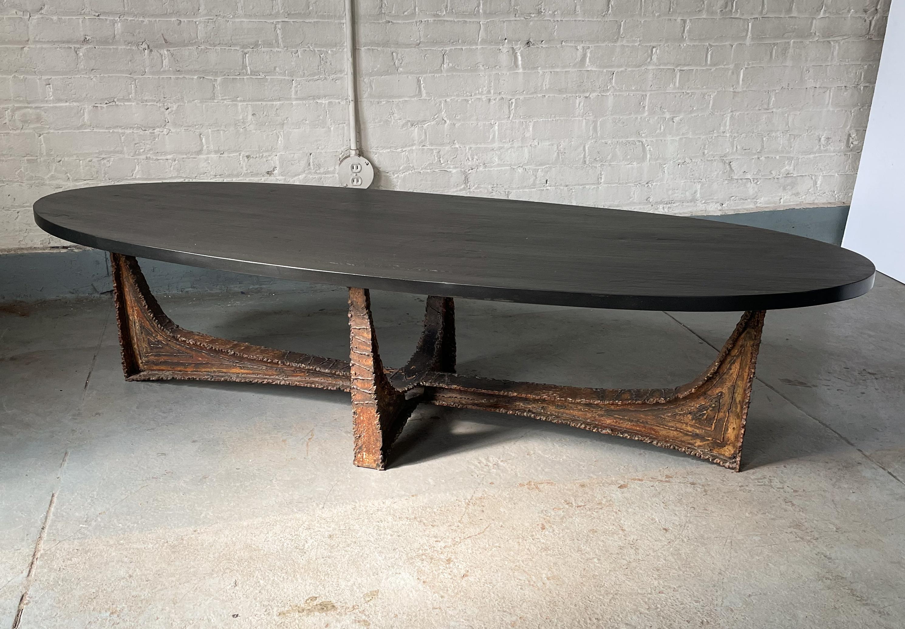 Brutalist Paul Evans Studio Coffee Table with Welded Steel Base and Elliptical Slate Top