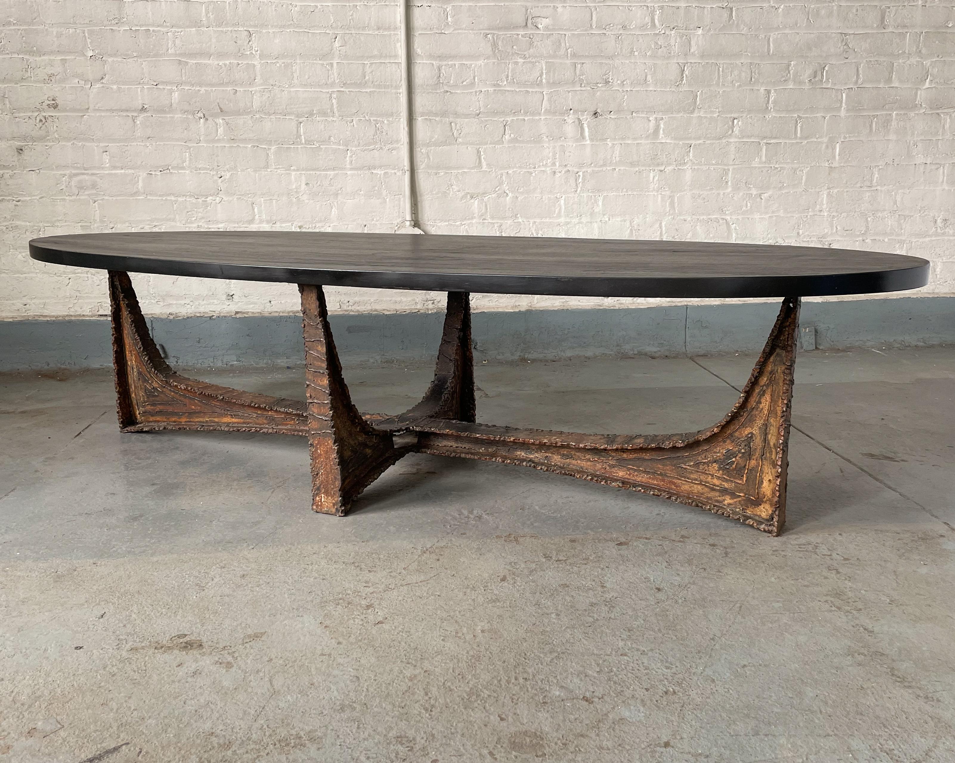 American Paul Evans Studio Coffee Table with Welded Steel Base and Elliptical Slate Top