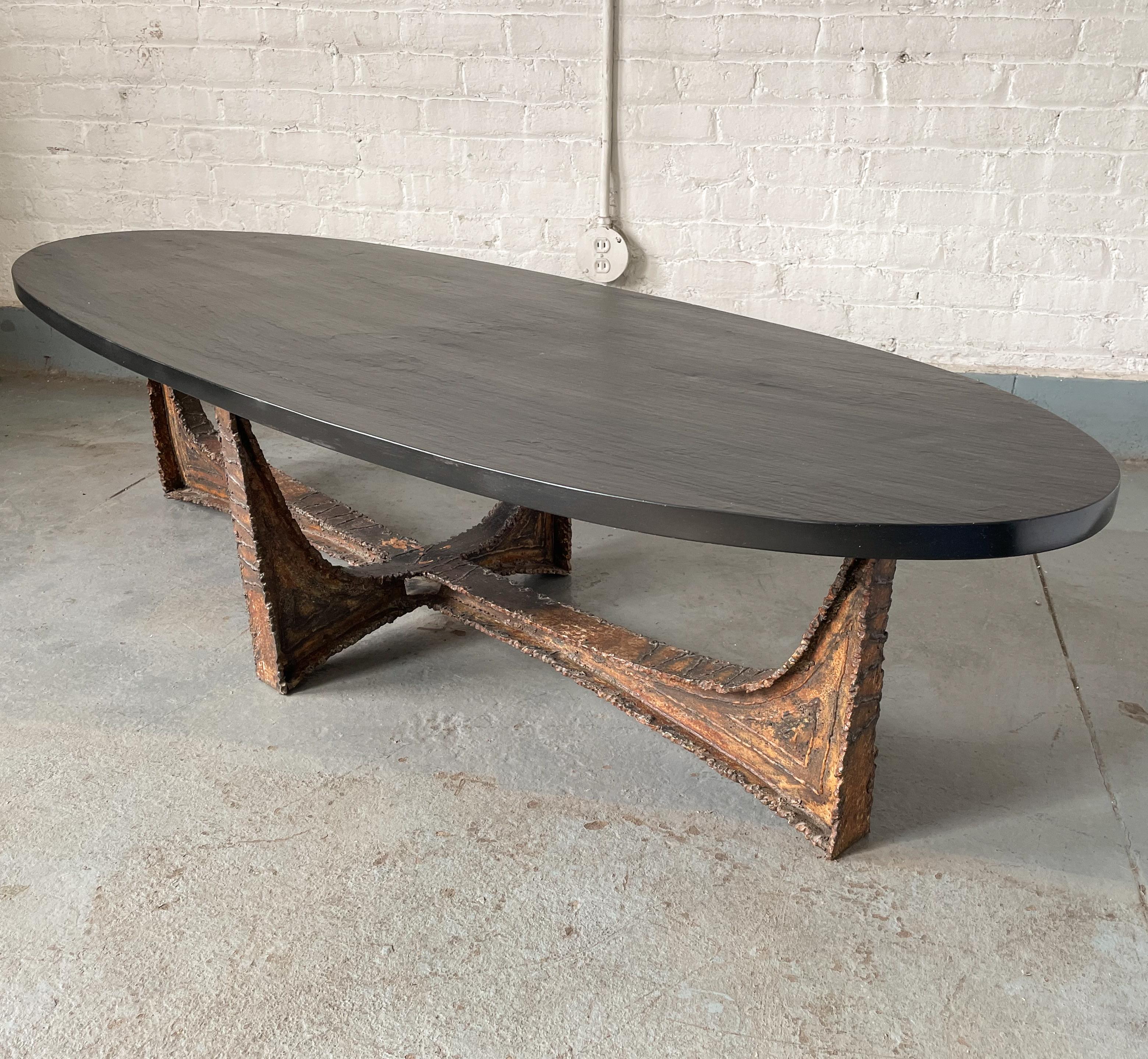 Patinated Paul Evans Studio Coffee Table with Welded Steel Base and Elliptical Slate Top