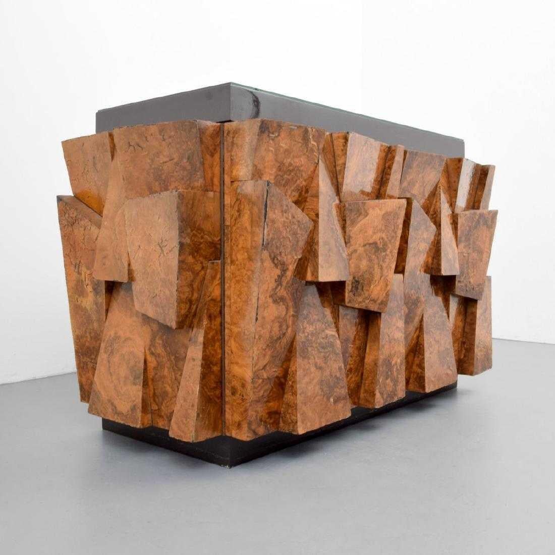 American Paul Evans Studio for Directional Burl Wood Faceted Cabinet, USA, 1970s