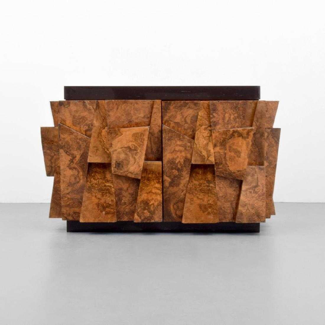 Paul Evans Studio for Directional Burl Wood Faceted Cabinet, USA, 1970s In Good Condition In Miami, FL