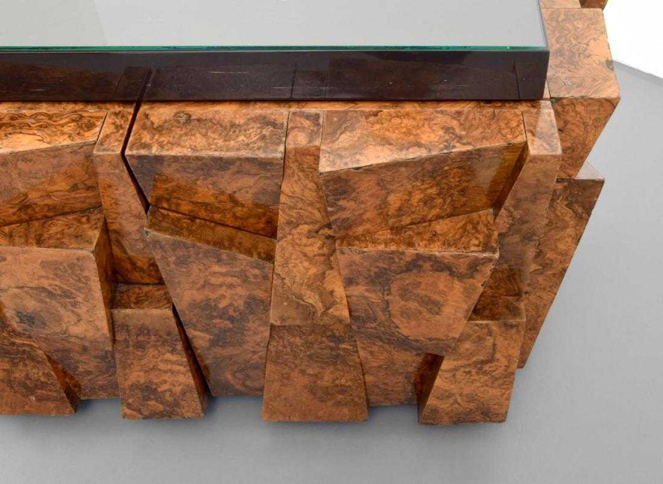 Resin Paul Evans Studio for Directional Burl Wood Faceted Cabinet, USA, 1970s