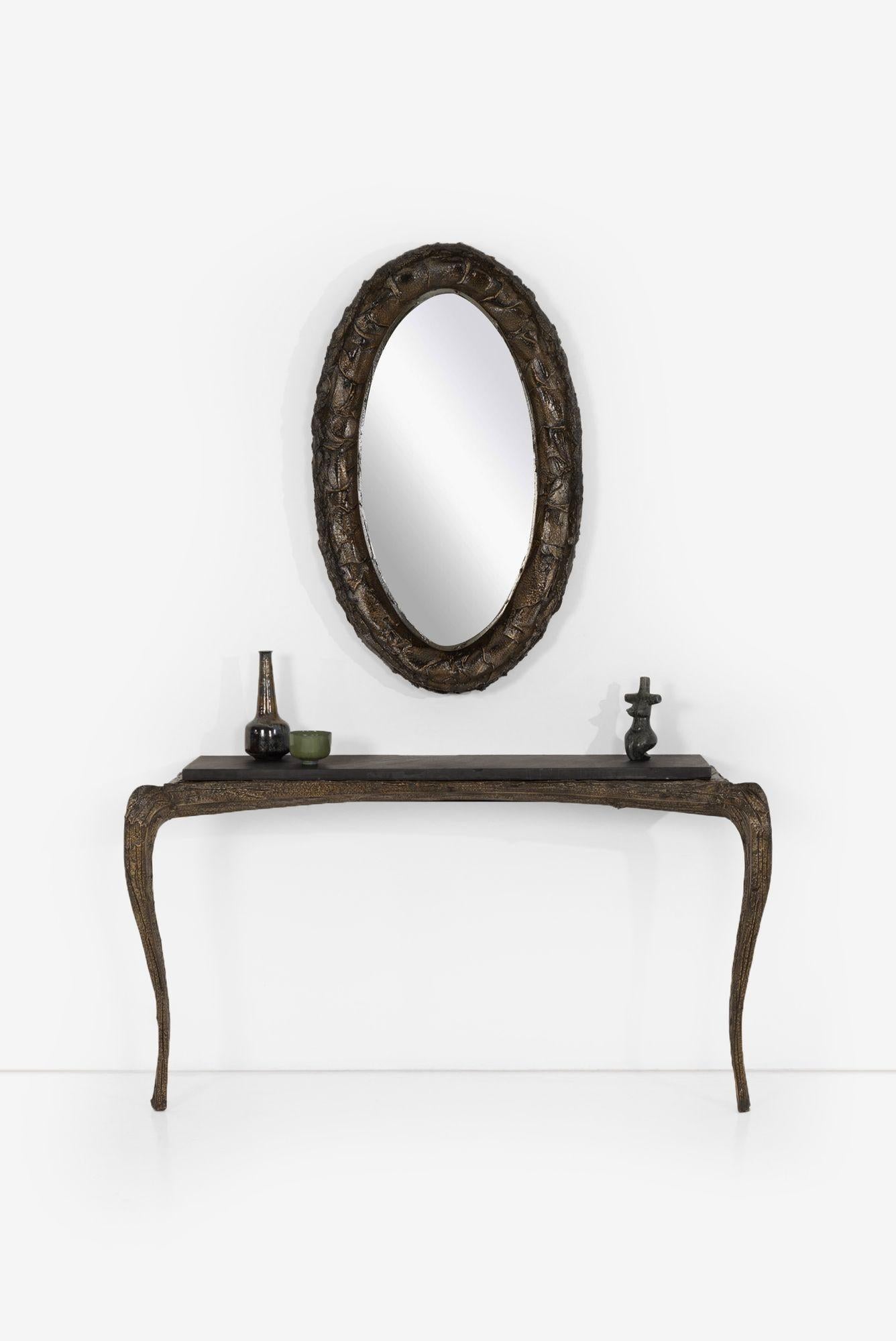 Paul Evans Studio Mirror and Console Suite;
Rare Sculptured Bronze Metal Console Table with slate top and Mirror from the 100 series, 1970c.
Comes with letter of authenticity from Dorsay Reading: Paul Evans Studio chief and closest