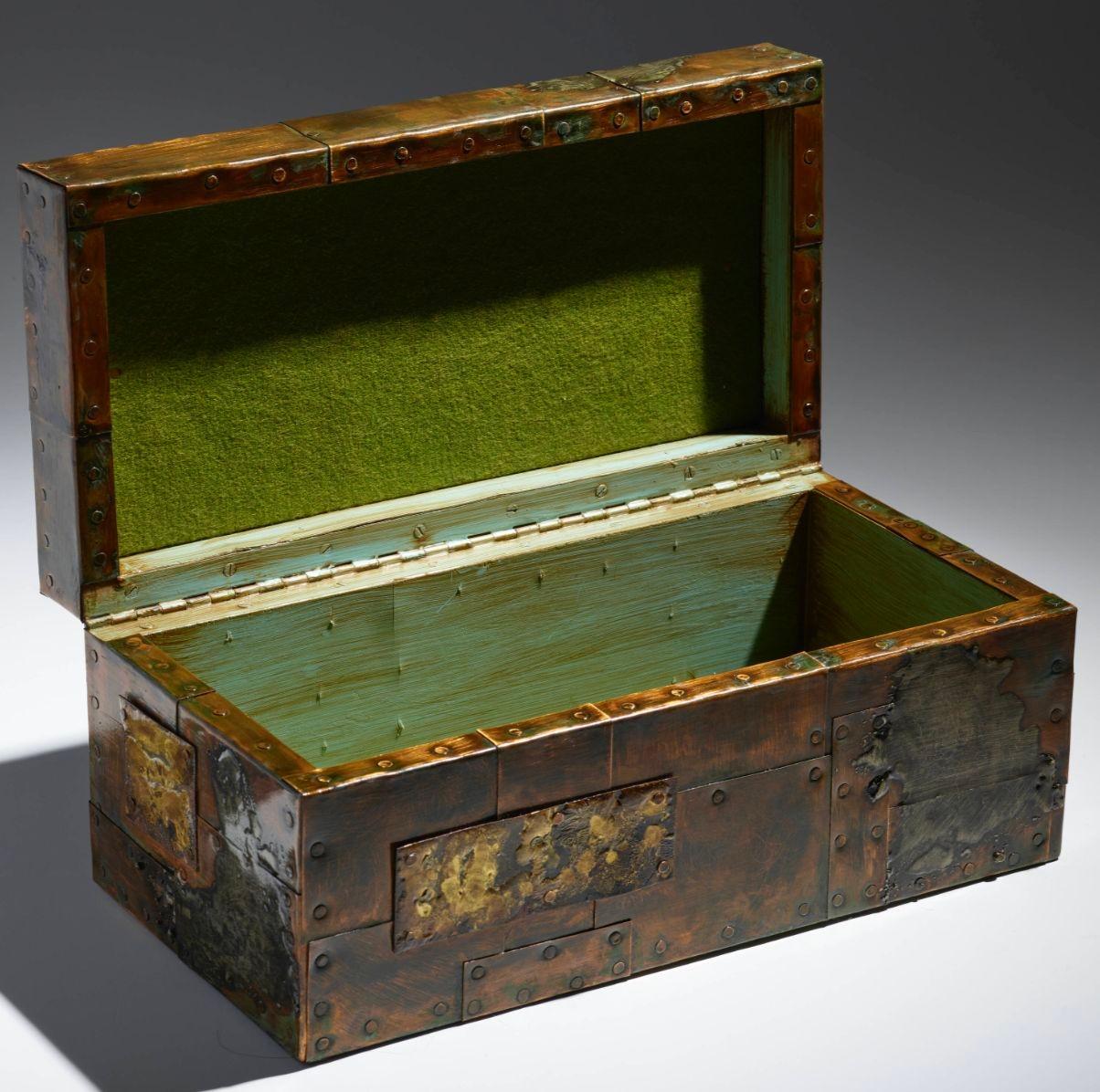 Paul Evans Studio Patchwork Hinged Box 1965
Patinated copper with applied bronze and pewter throughout, Interior with original 
