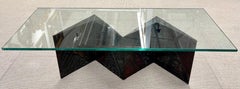 Paul Evans Style Mid-Century Modern Bow Tie Coffee Table, Patchwork Metal, Glass