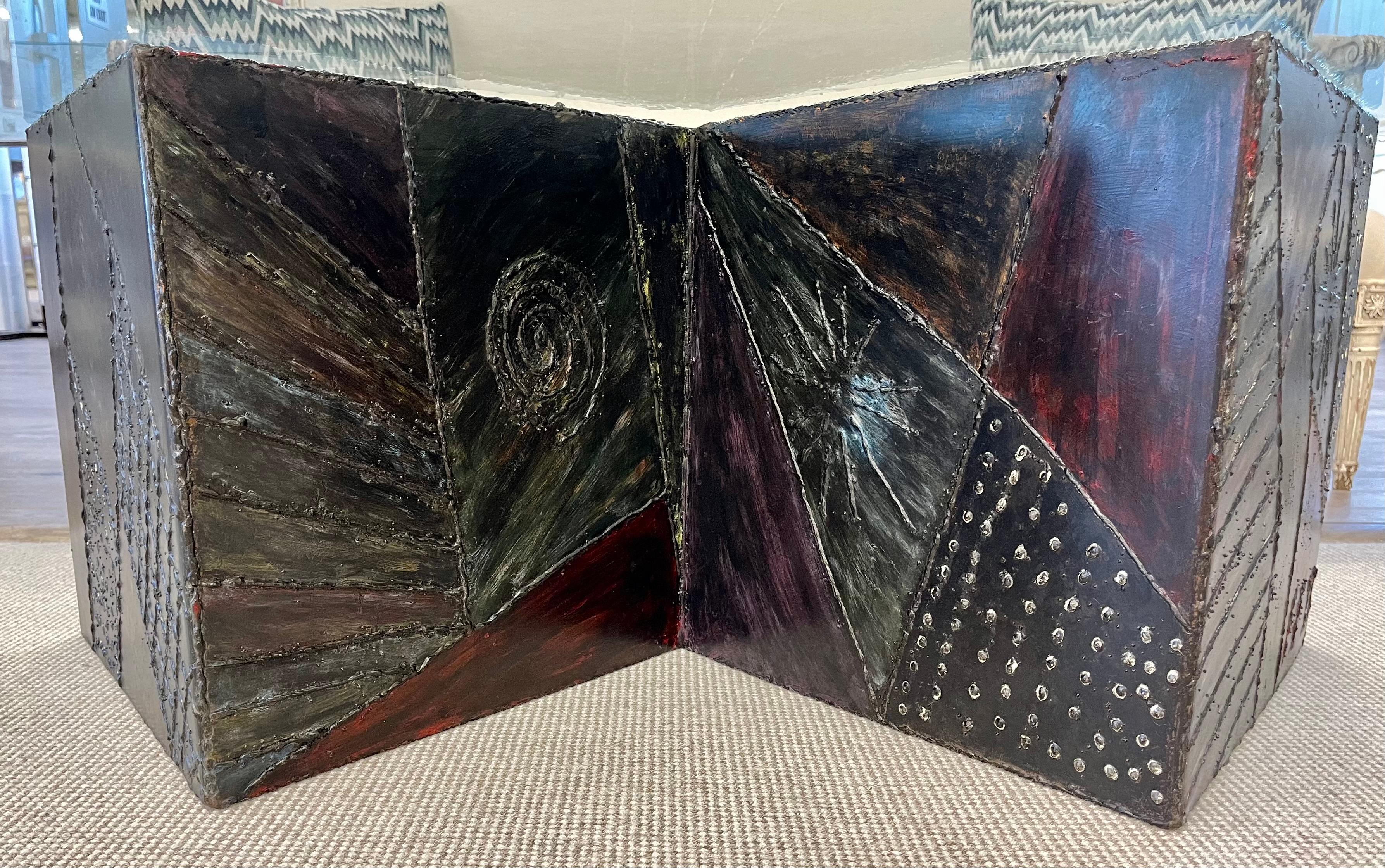 Table basse moderne du milieu du siècle dernier, style Paul Evans, métal patchwork, verre en vente 1