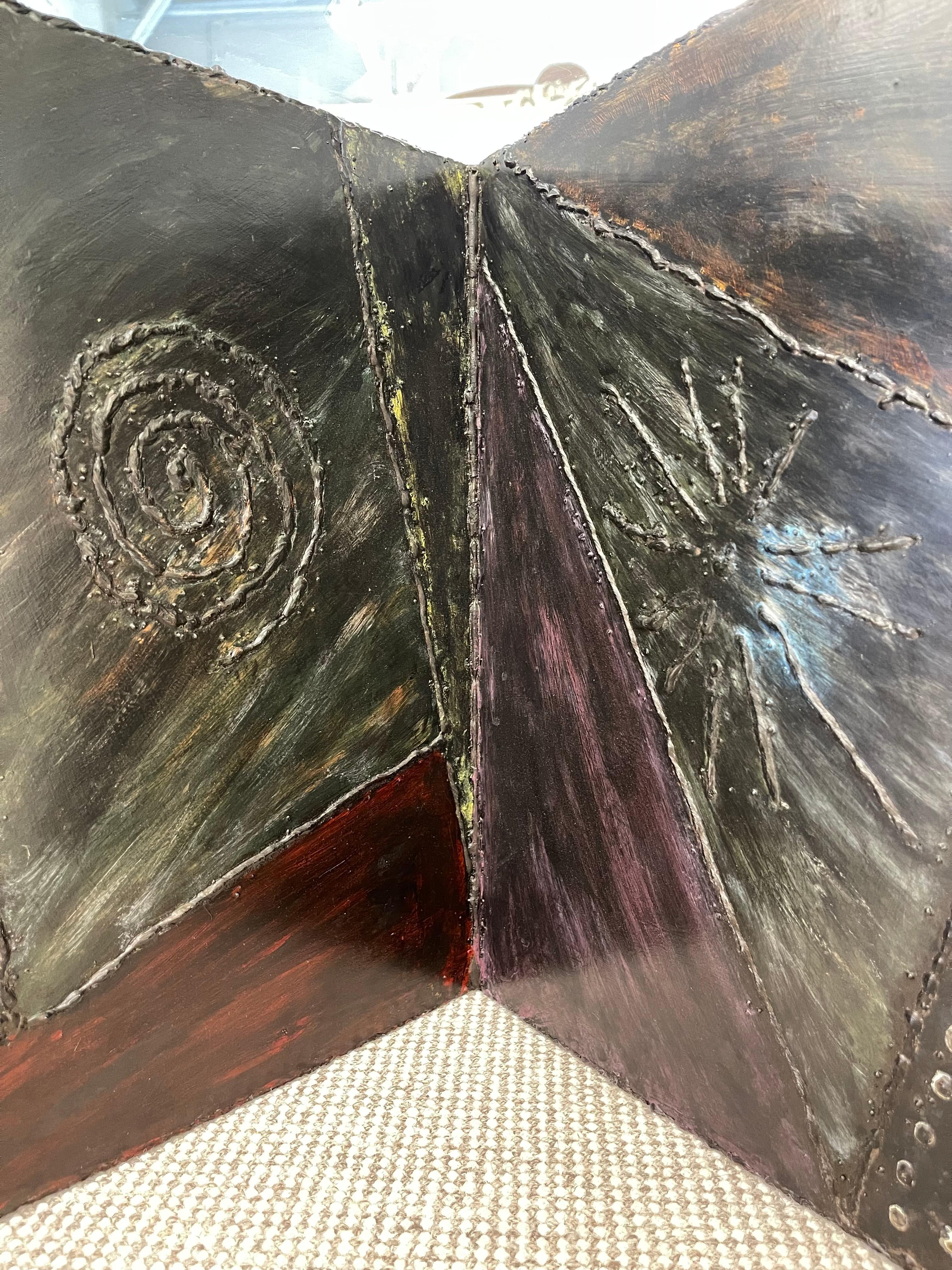 Table basse moderne du milieu du siècle dernier, style Paul Evans, métal patchwork, verre en vente 2