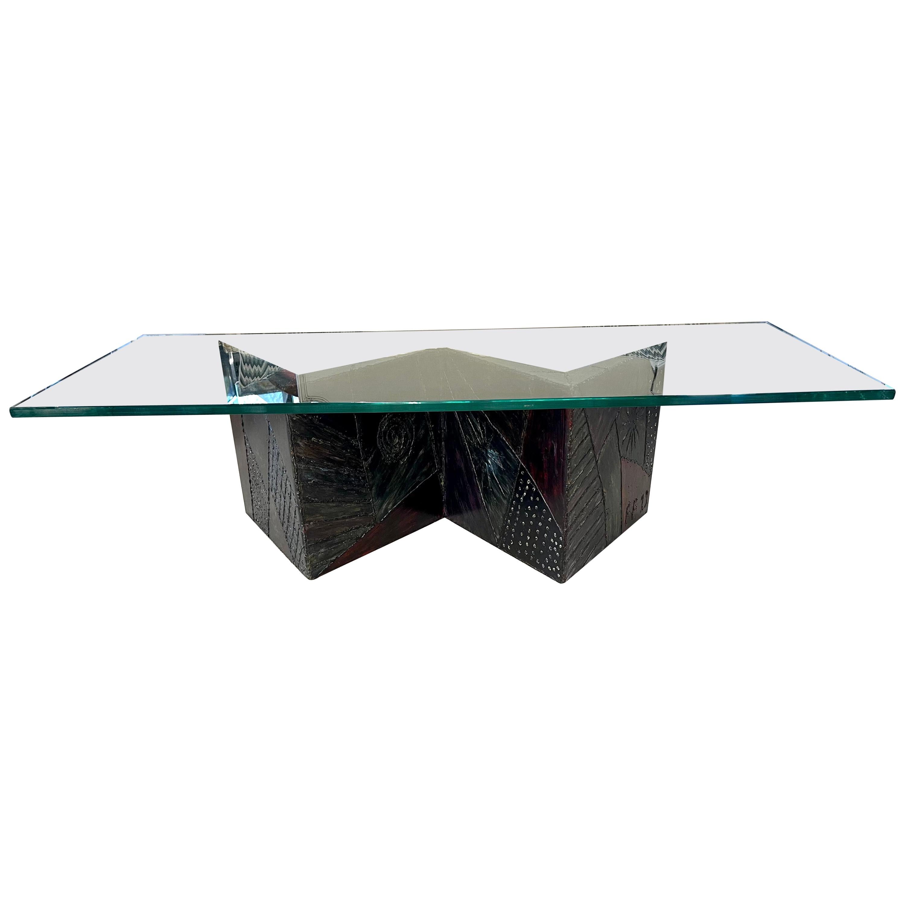 Paul Evans Style Mid-Century Modern Bow Tie Coffee Table, Patchwork Metal, Glass For Sale