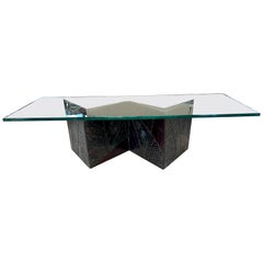 Paul Evans Style Mid-Century Modern Bow Tie Coffee Table, Patchwork Metal, Glass