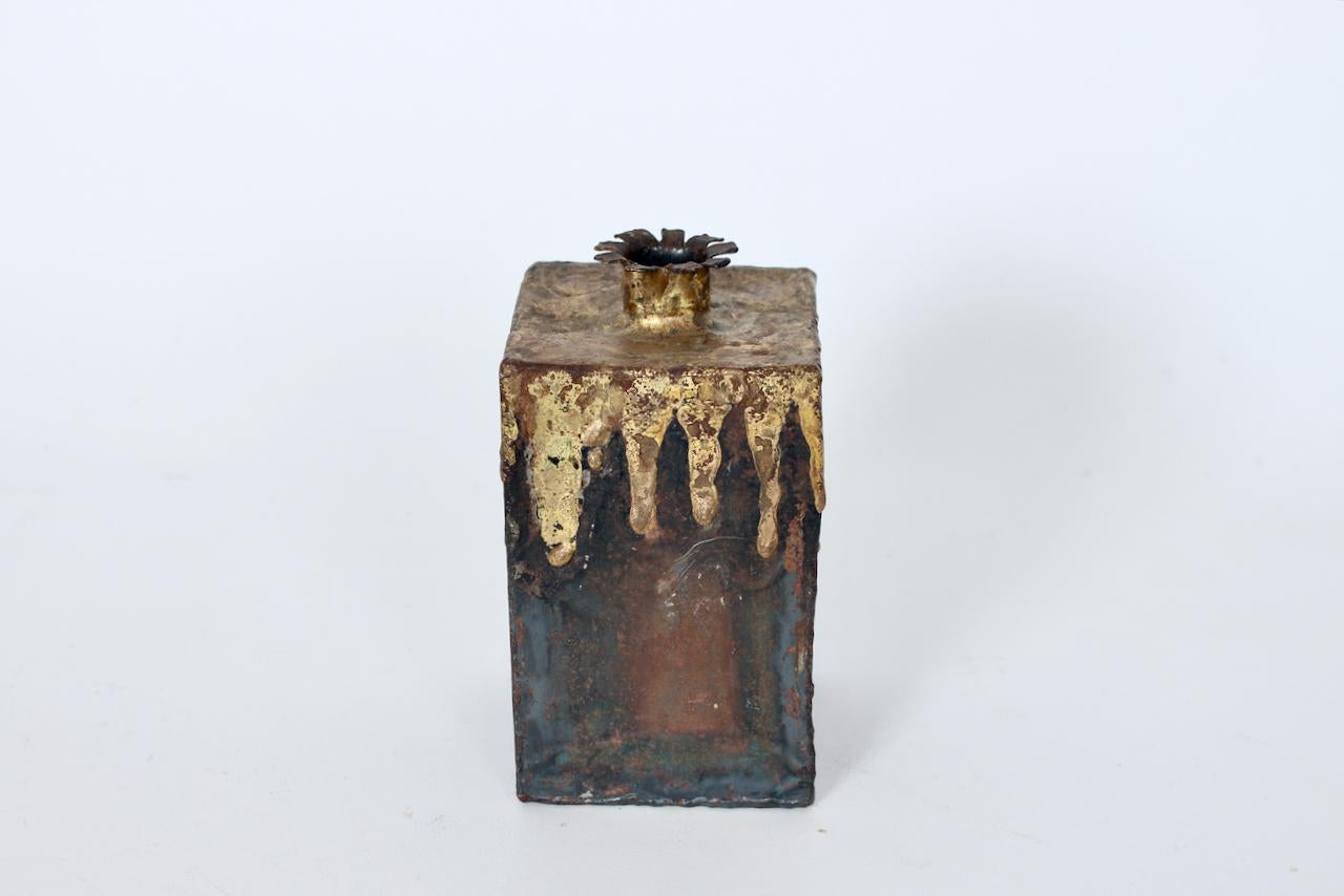 Handcrafted Brutalist Brazed and Flowed Brass on Iron Vase, 1970's Featuring a rectangular form, hand poured brazed Brass atop Metal in mottled Black, Brown, Rust, Gold, and Deep Green hues, splayed (7/8