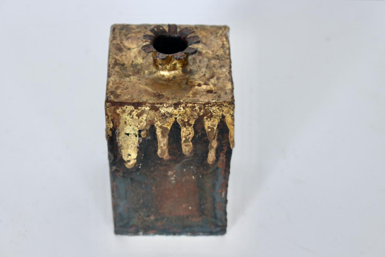 American Paul Evans Style Brutalist Brazed Brass on Iron Square Vase, circa 1970 For Sale
