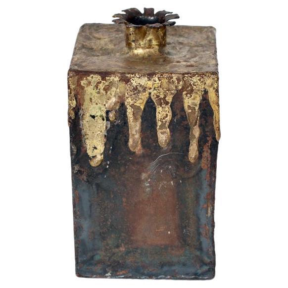 Paul Evans Style Brutalist Brazed Brass on Iron Square Vase, circa 1970 In Good Condition For Sale In Bainbridge, NY