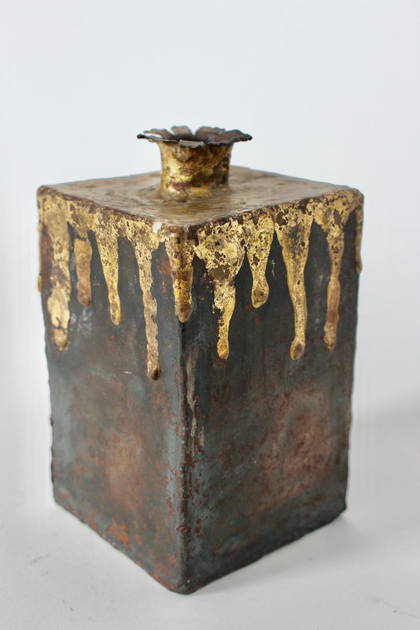 Late 20th Century Paul Evans Style Brutalist Brazed Brass on Iron Square Vase, circa 1970 For Sale