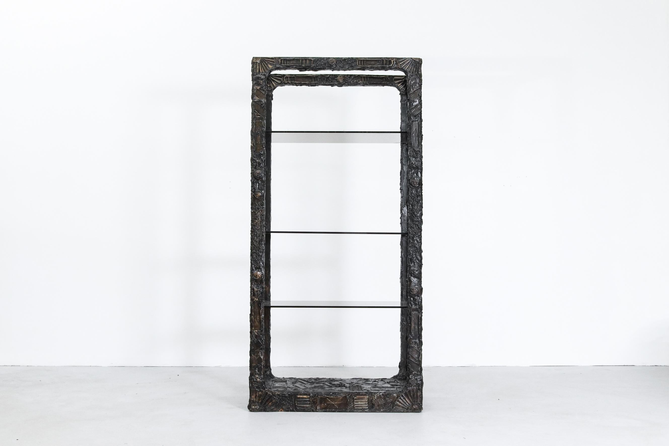 1970's Brutalist Étagère by Adrian Pearsall with new smoked glass shelves and detailed resin frame. In original condition, with visible wear, including chipping and minimal resin loss. Wear is consistent with its age and use. 