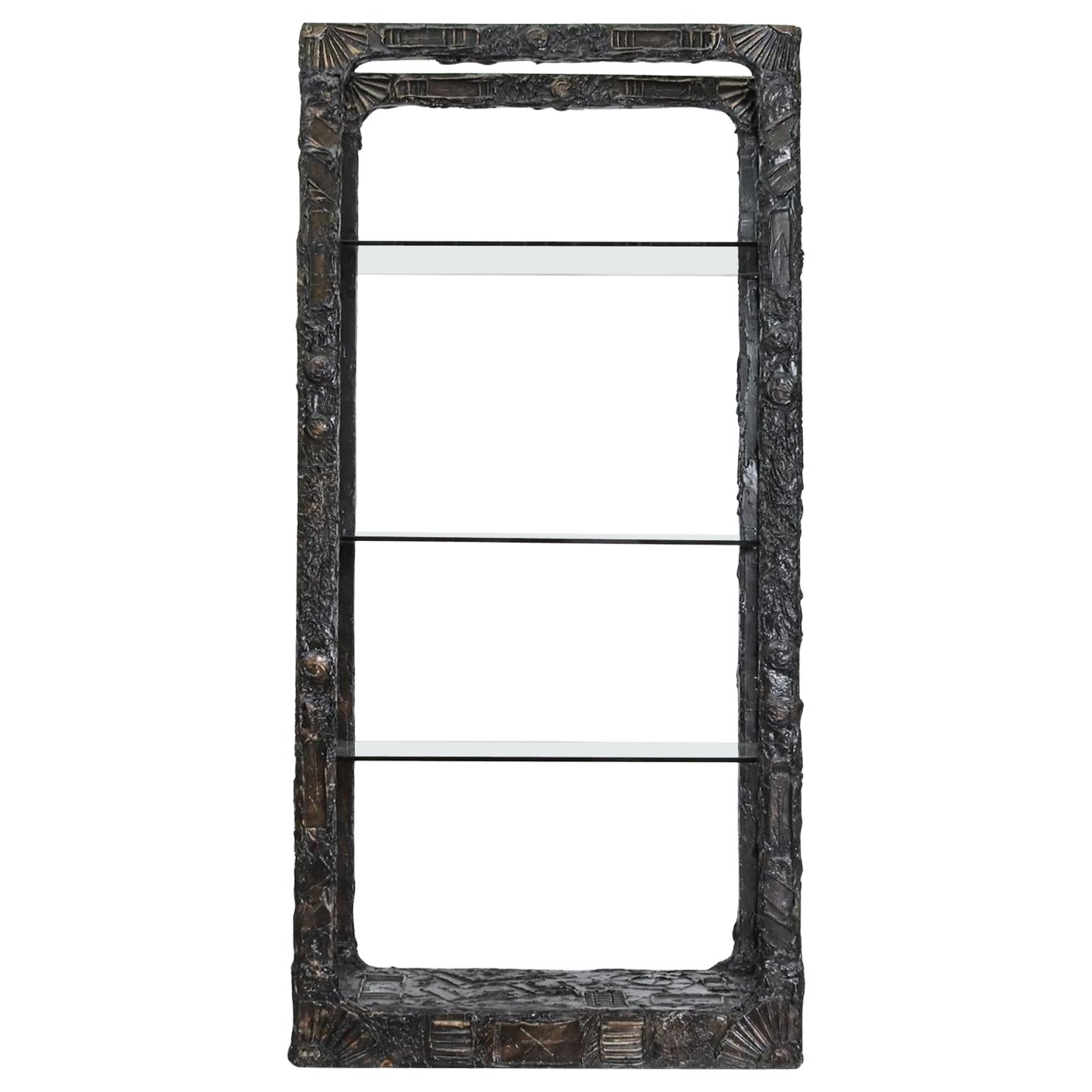 Paul Evans Style Brutalist Étagère by Adrian Pearsall w/ Decorative Resin Relief