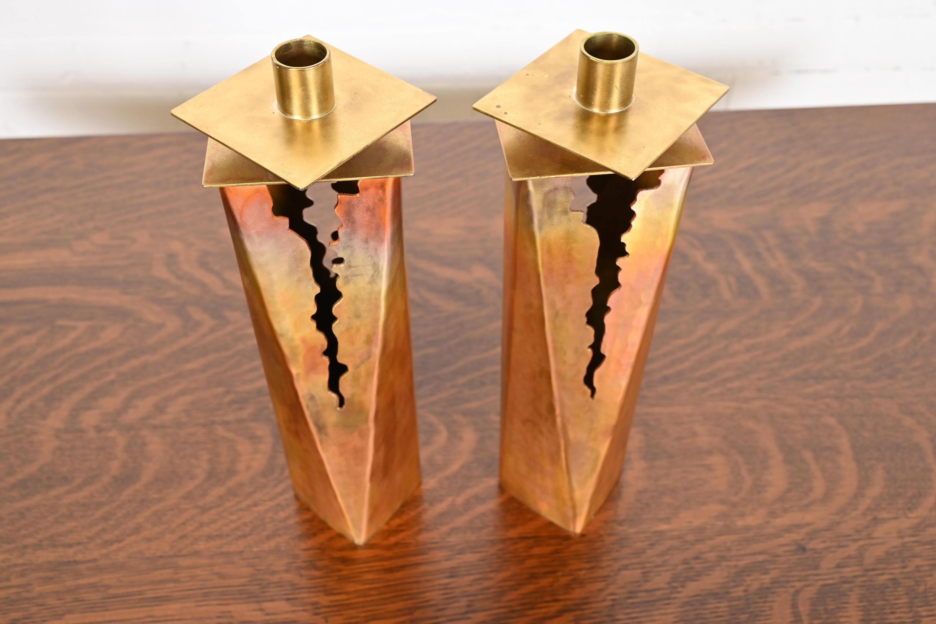 Late 20th Century Paul Evans Style Brutalist Hand Wrought Copper Candlesticks, Circa 1970s For Sale