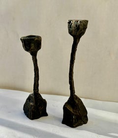 Paul Evans style brutalist modern candlesticks (2) in bronze .
