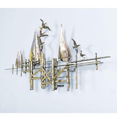 Paul Evans Style Brutalist Seascape Sailboat Metal Sculpture Wall Art