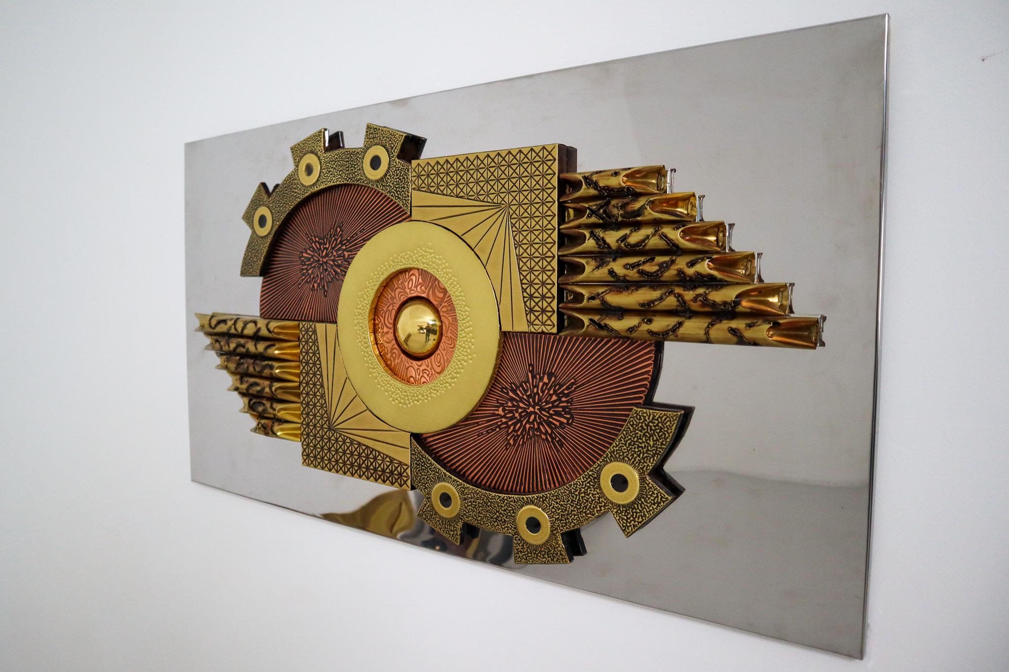 This Brutalist wall sculpture is inspired and in the style of sculptor Paul Evans made circa 1970, Europe. This abstract wall sculpture consist of tortured copper and brass in abstract shapes. The wall sculpture is affixed to a wood board clad made