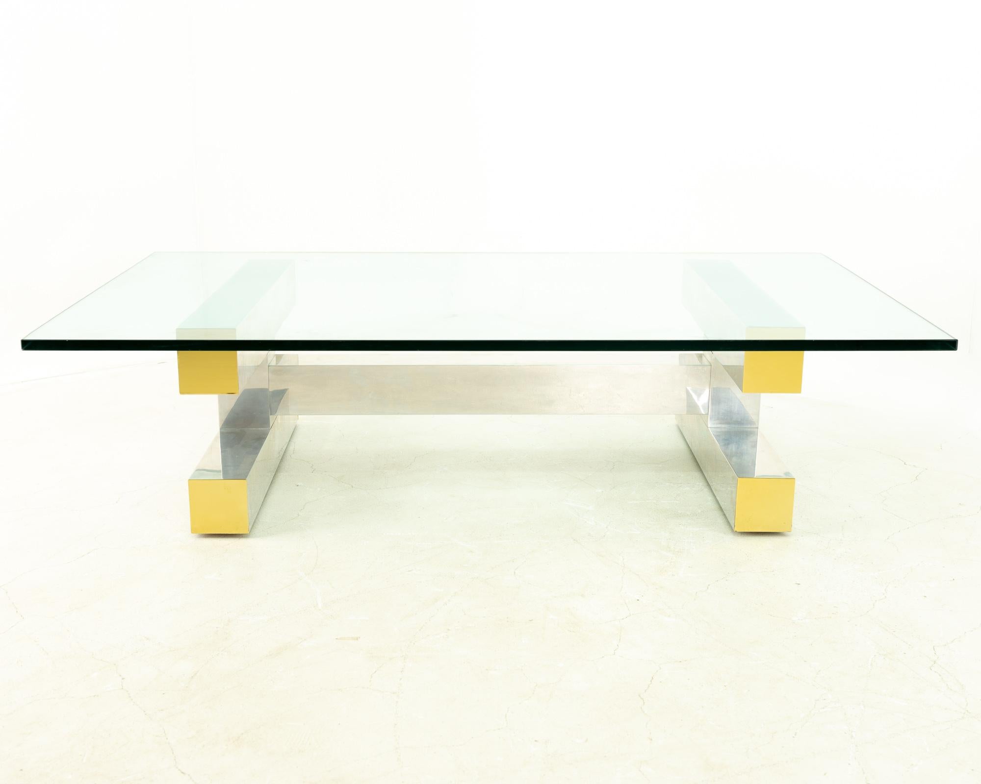 Paul Evans Style Cityscape Brass and Polished Aluminum Glass Coffee Table 
60 wide x 36 deep x 15.25 high
See below for 5 ways to save!
FREE RESTORATION: When you purchase a piece we carefully clean and prepare it for shipping. If during