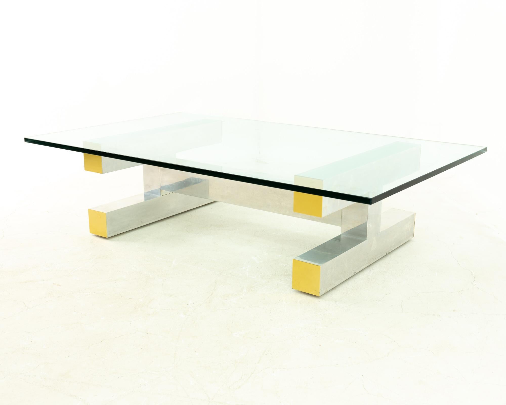 Mid-Century Modern Paul Evans Style Cityscape Brass and Polished Aluminum Glass Coffee Table