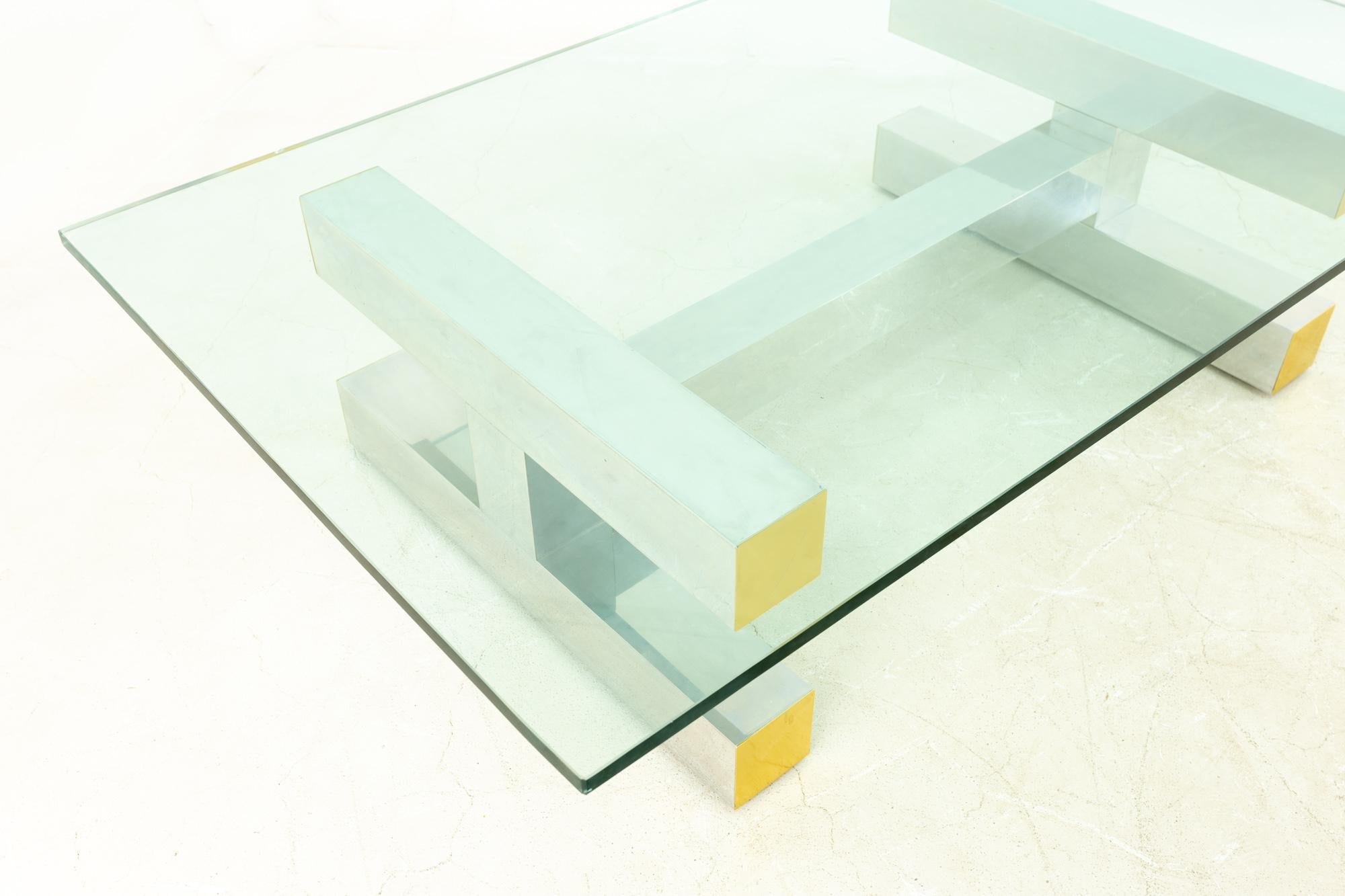 American Paul Evans Style Cityscape Brass and Polished Aluminum Glass Coffee Table