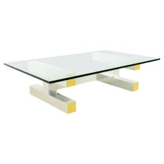 Paul Evans Style Cityscape Brass and Polished Aluminum Glass Coffee Table