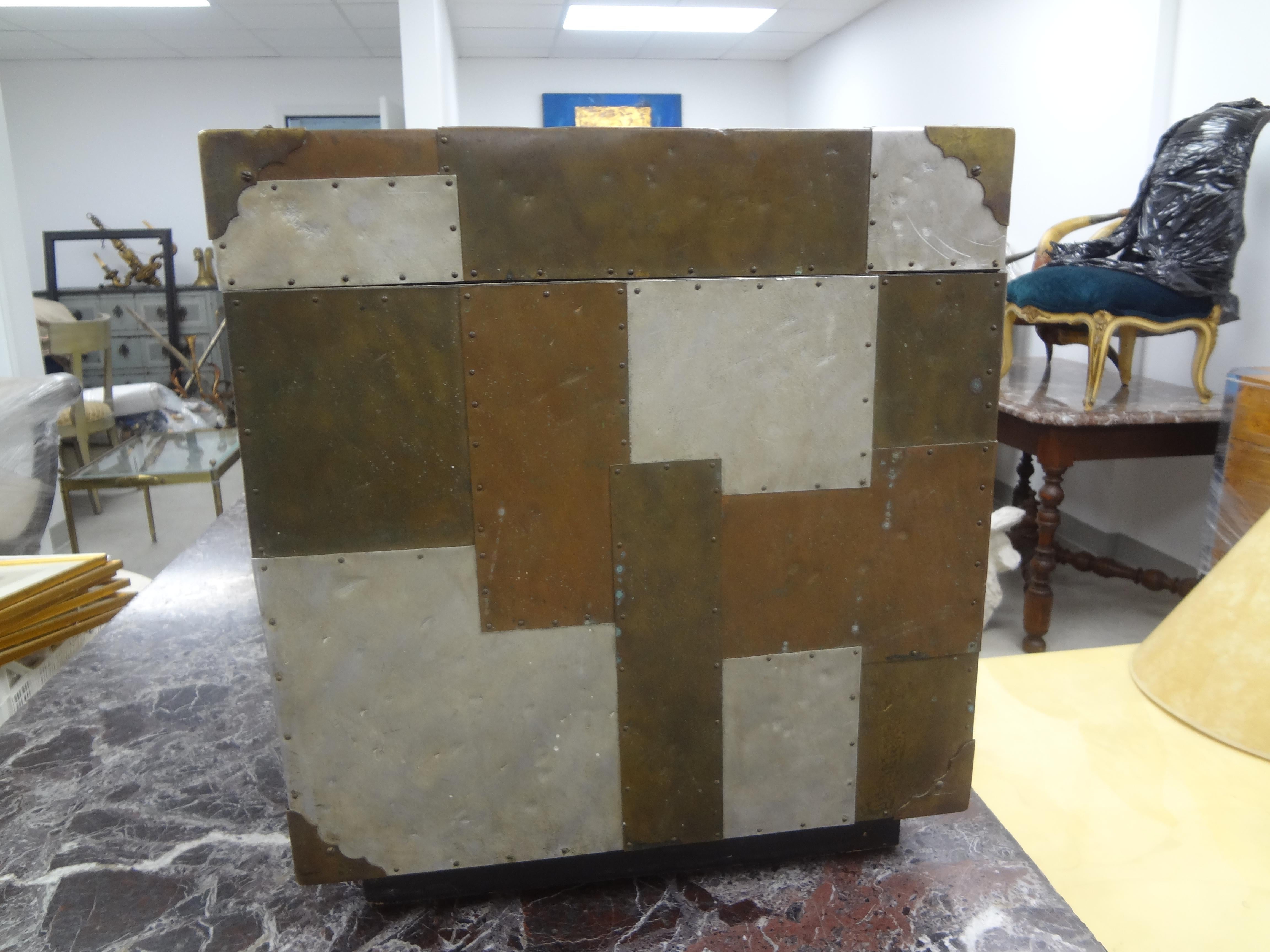 Mid-Century Modern Paul Evans Style Cityscape Mixed Metal Patchwork Chest For Sale