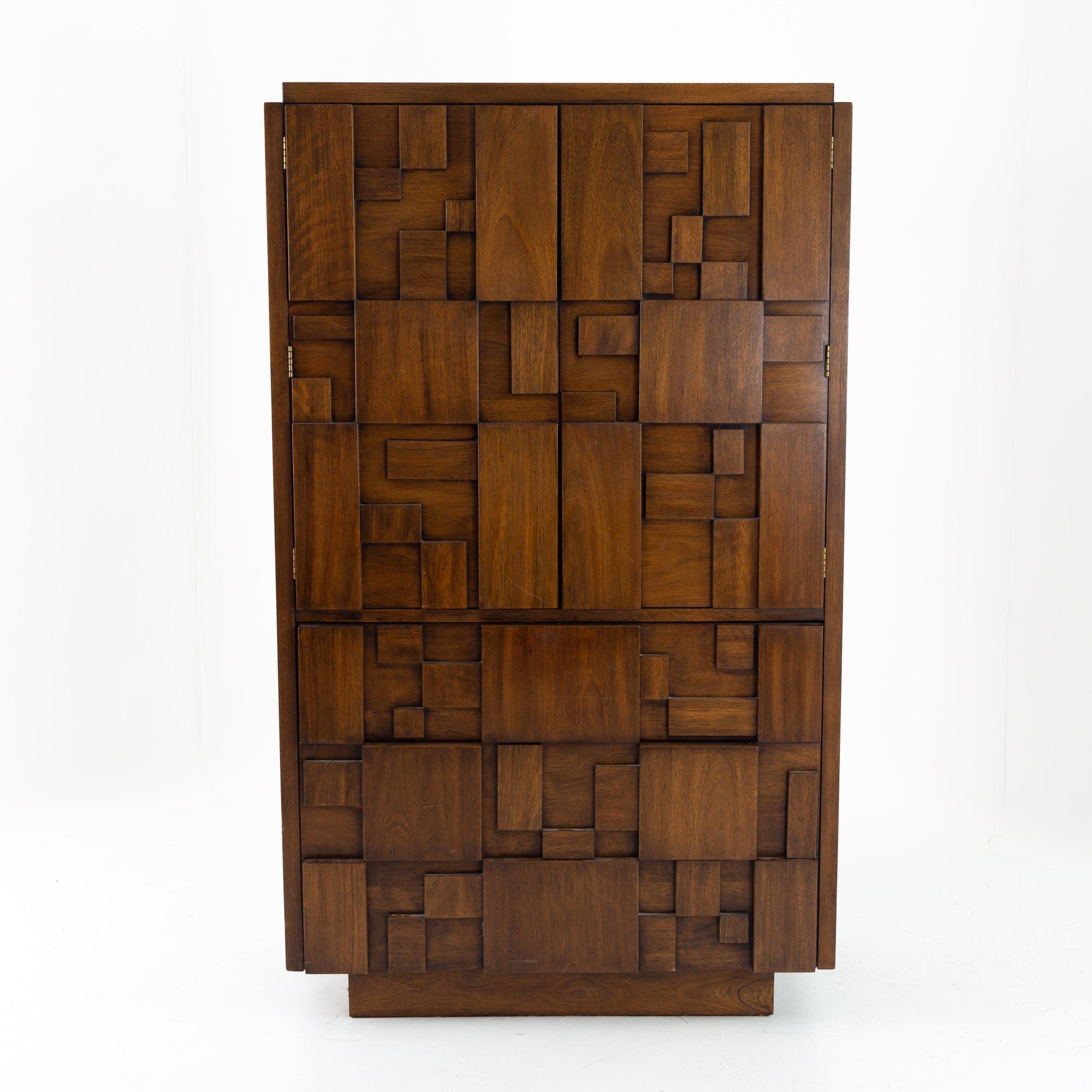 Paul Evans style lane Brutalist mid-century 4 drawer highboy gentlemans chest armoire.

Armoire measures: 38 wide x 19 deep x 64.25 inches high.

All pieces of furniture can be had in what we call restored vintage condition. That means the piece