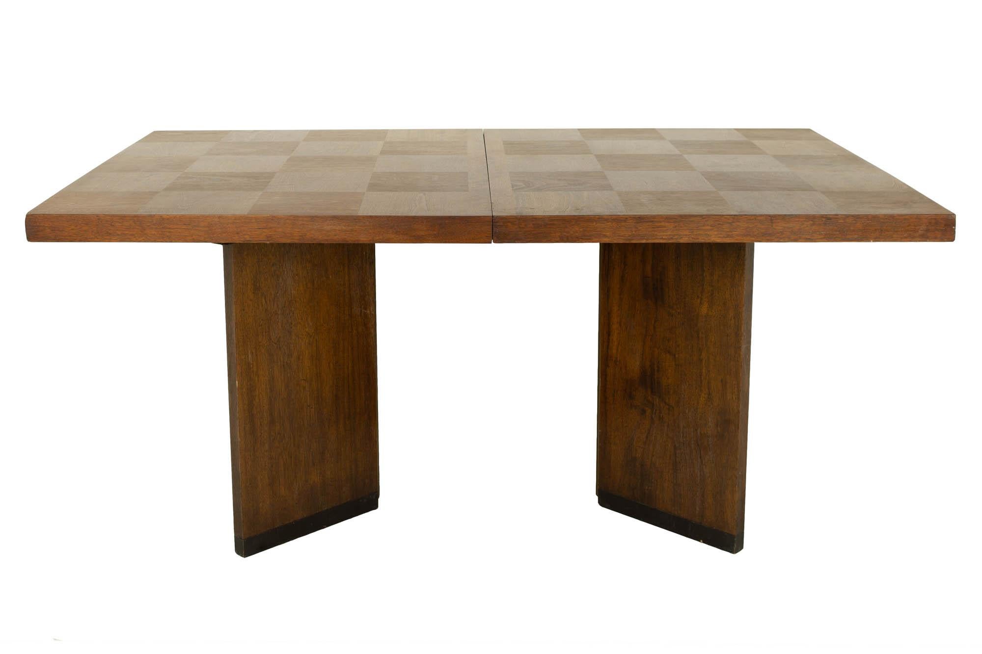 Paul Evans style lane Brutalist mid century patchwork dining table

Table measures: 62 wide x 40 deep x 29 inches high with a chair clearance of 27 inches; each leaf is 18 inches wide, making a maximum table width of 98 inches when both leaves are