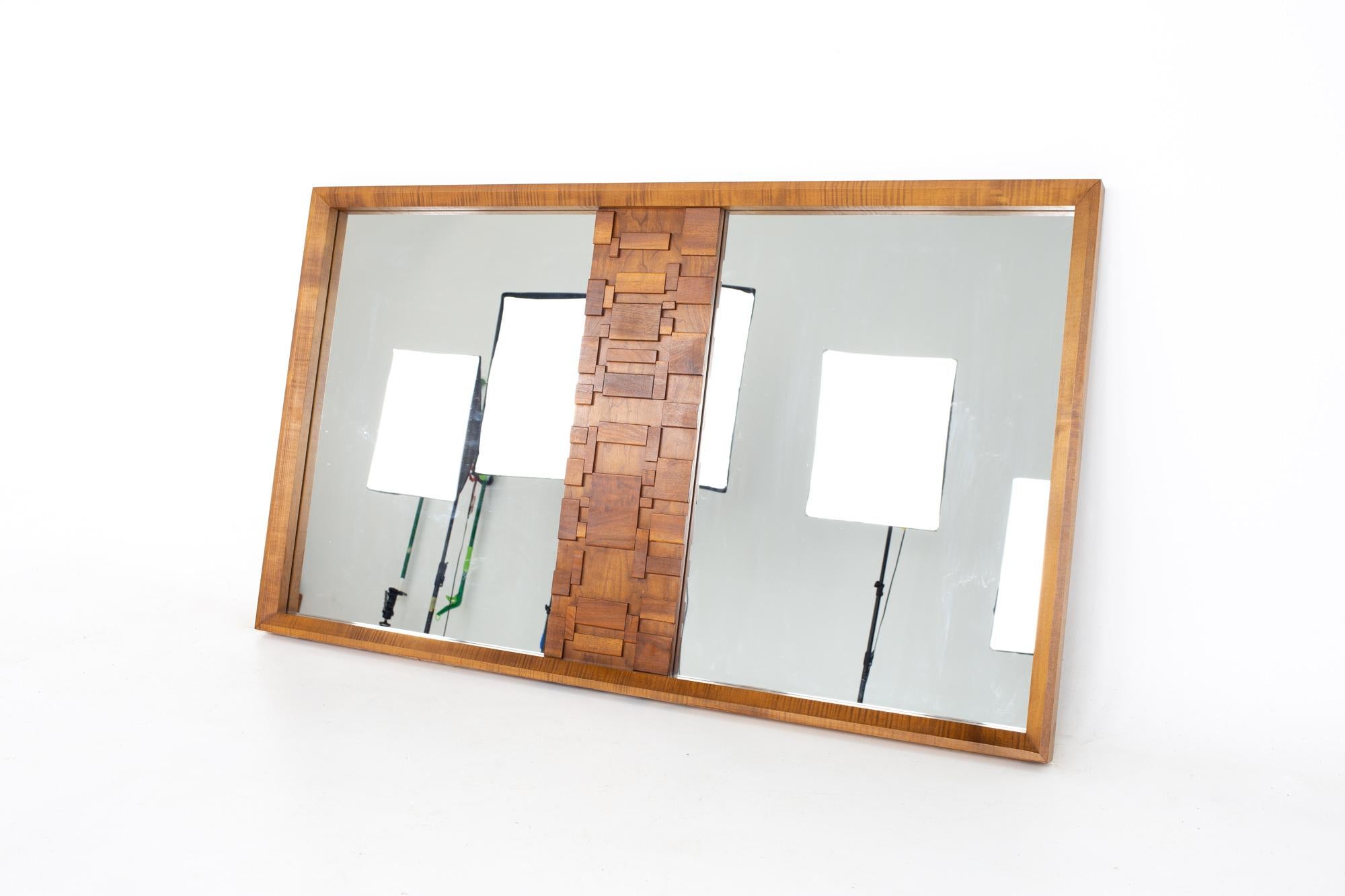 Paul Evans style Lane Brutalist mid century walnut mirror
Mirror measures: 62.5 wide x 2 deep x 36.5 inches high

All pieces of furniture can be had in what we call restored vintage condition. That means the piece is restored upon purchase so