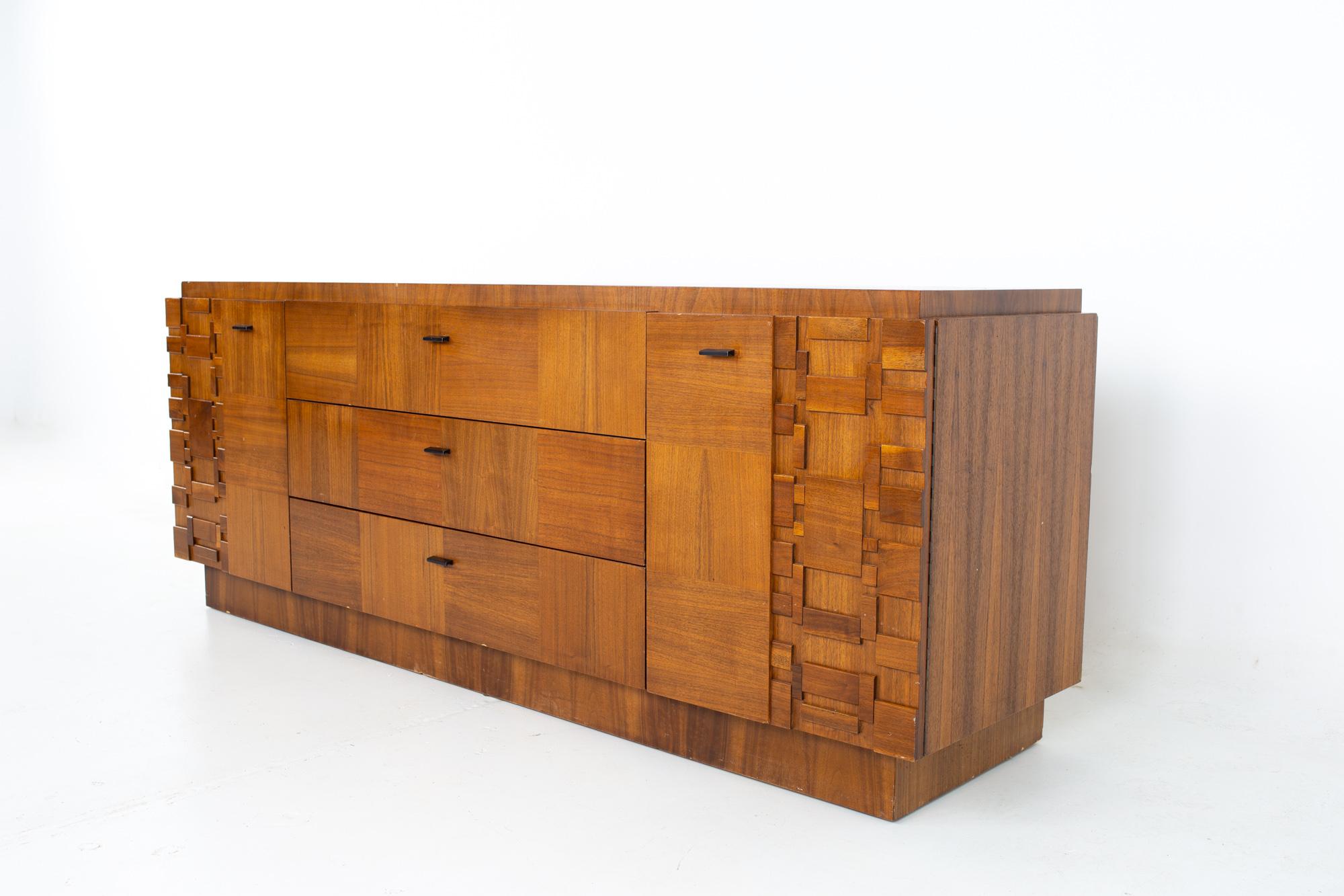 Paul Evans style Lane Brutalist midcentury walnut 9 drawer lowboy dresser
Dresser measures: 79.75 wide x 20.5 deep x 30 inches high

All pieces of furniture can be had in what we call restored vintage condition. That means the piece is restored