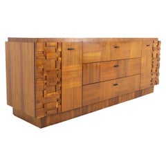 Paul Evans Style Lane Brutalist Midcentury Walnut 9 Drawer Lowboy Dresser