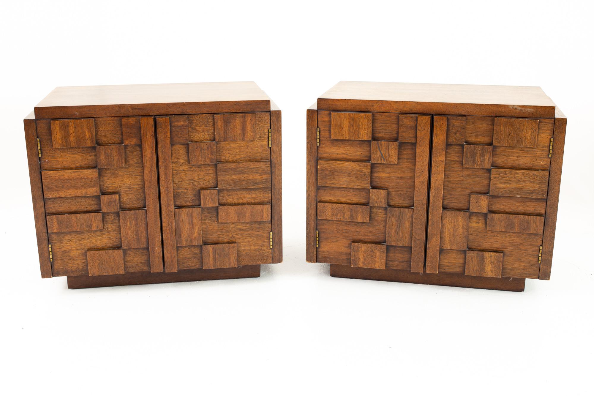Paul Evans style Lane mid century Brutalist nightstand side end tables - pair 
Each nightstand measures: 28 wide x 16.5 deep x 22.25 inches high

?All pieces of furniture can be had in what we call restored vintage condition. That means the piece