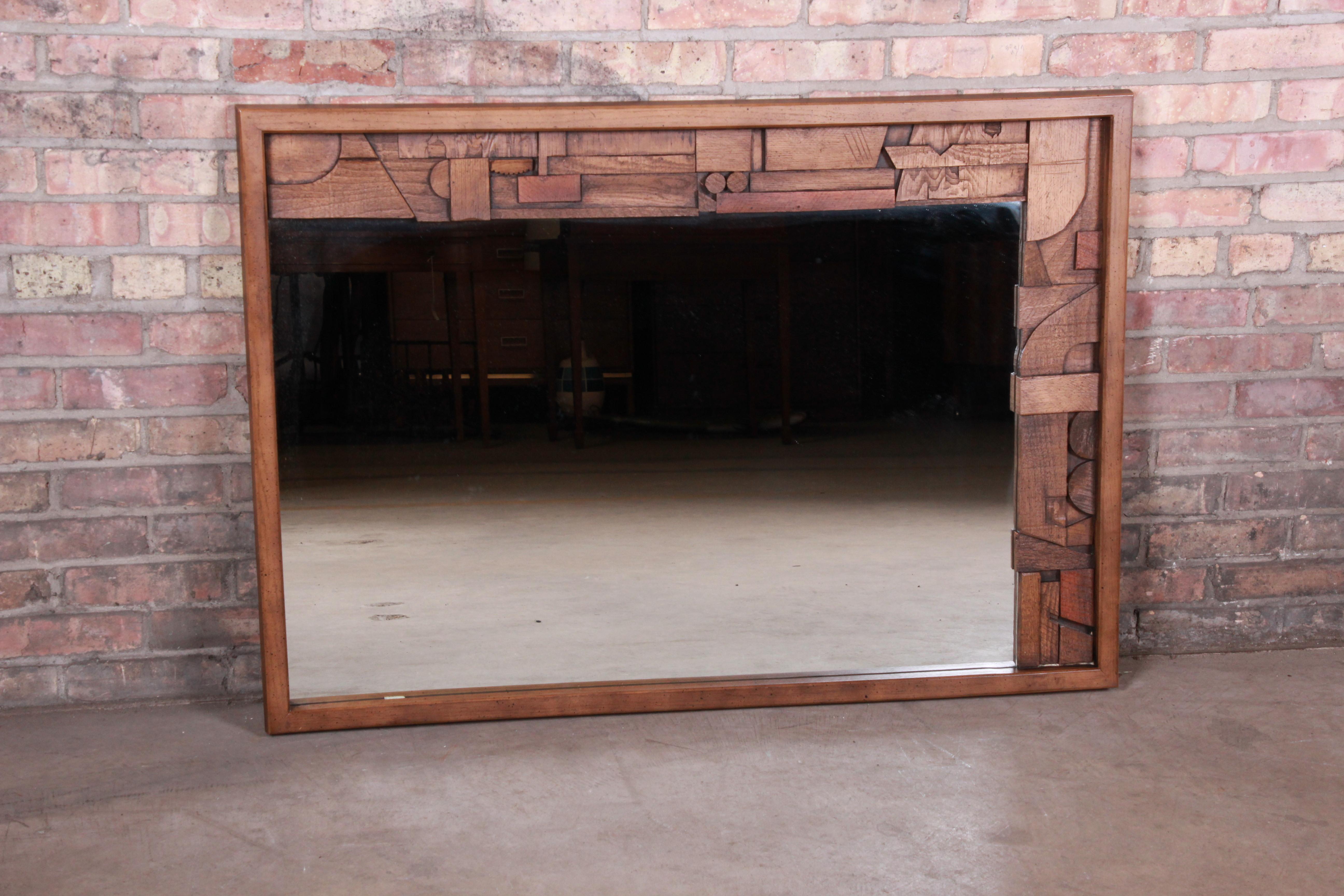 Paul Evans Style Lane Pueblo Brutalist Framed Wall Mirror, 1970s In Good Condition In South Bend, IN