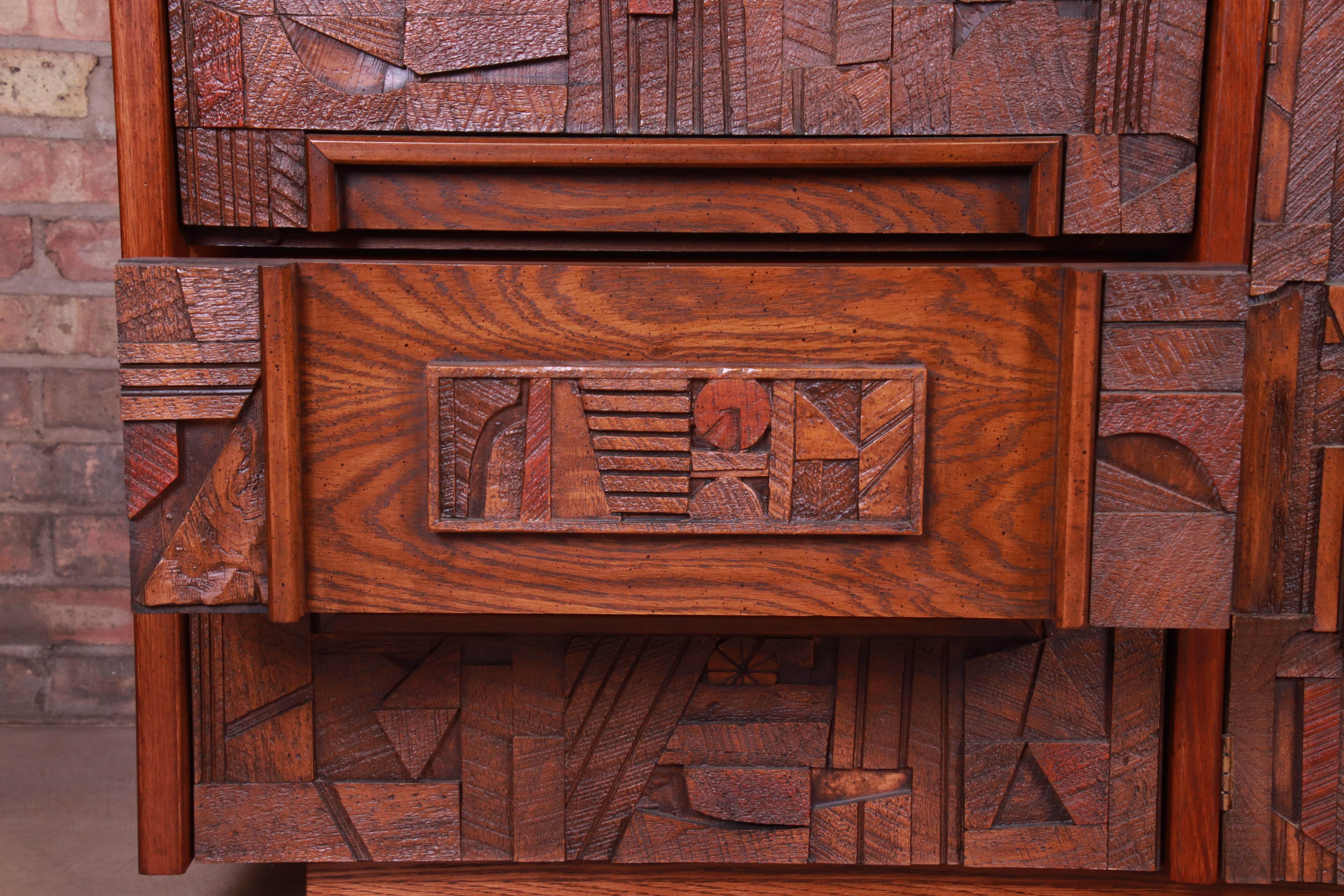 Oak Paul Evans Style Lane Pueblo Brutalist Mid-Century Modern Long Dresser, Restored