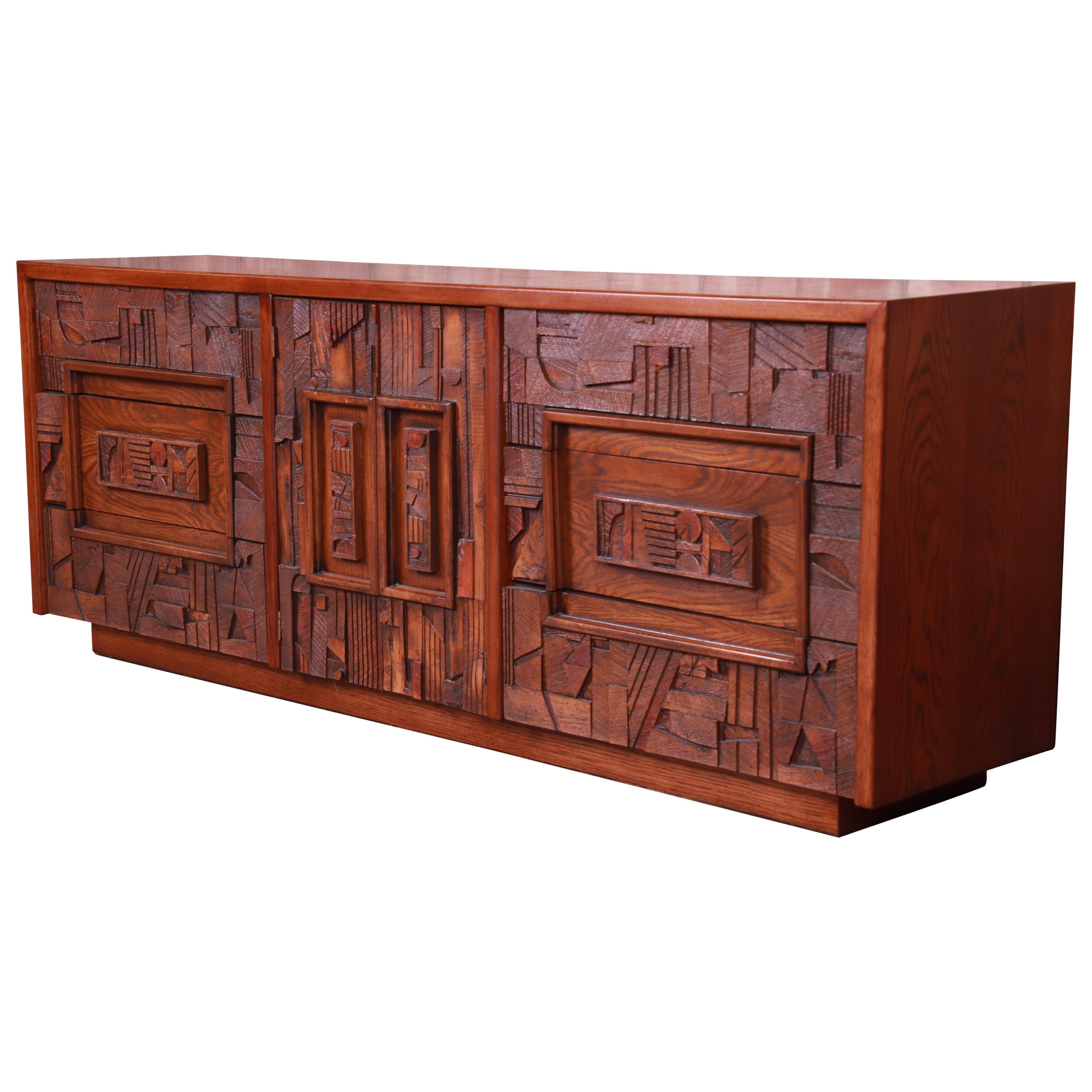 Paul Evans Style Lane Pueblo Brutalist Mid-Century Modern Long Dresser, Restored