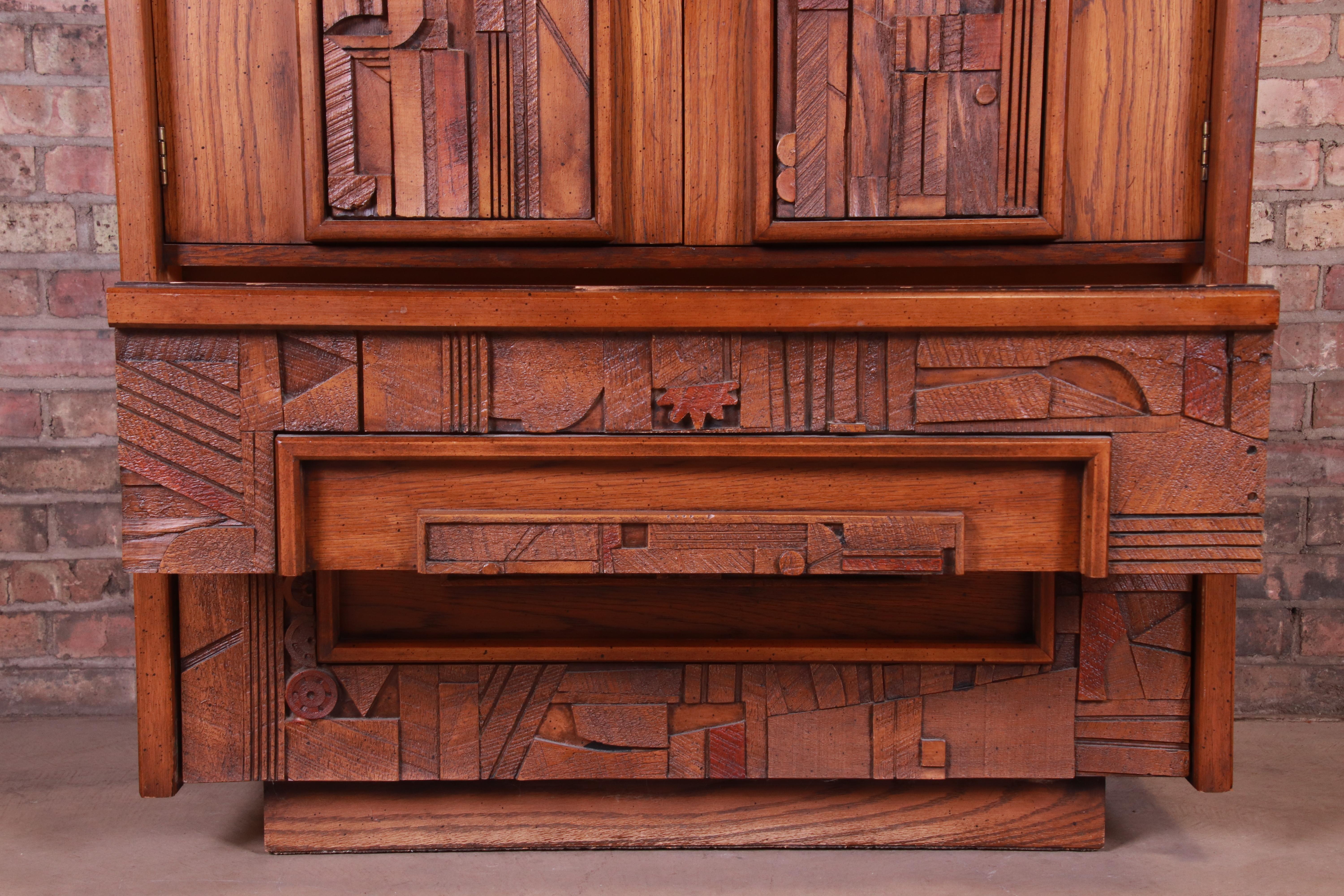 Paul Evans Style Lane Pueblo Brutalist Mid-Century Modern Oak Armoire Dresser 2
