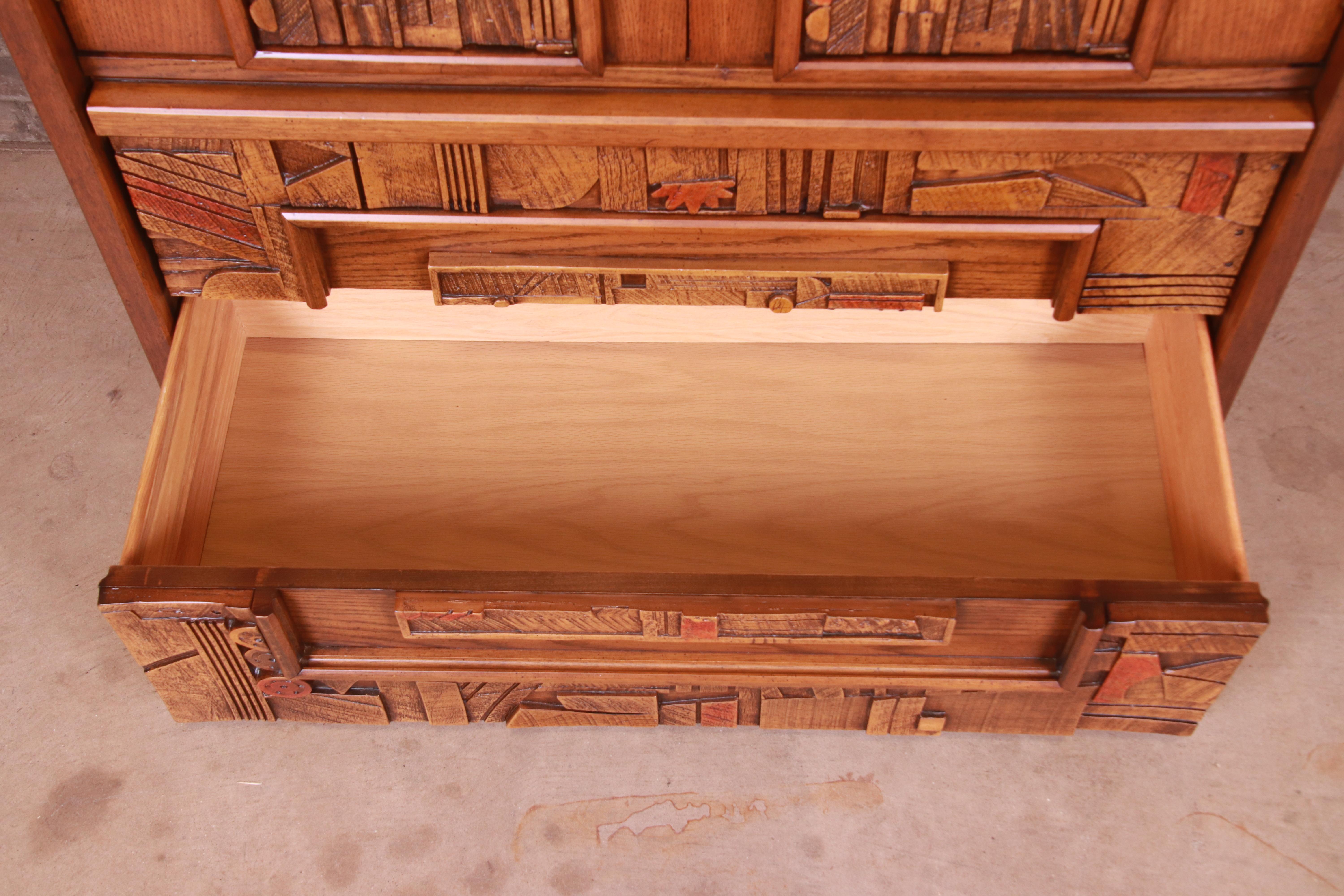 Paul Evans Style Lane Pueblo Brutalist Mid-Century Modern Oak Armoire Dresser 5